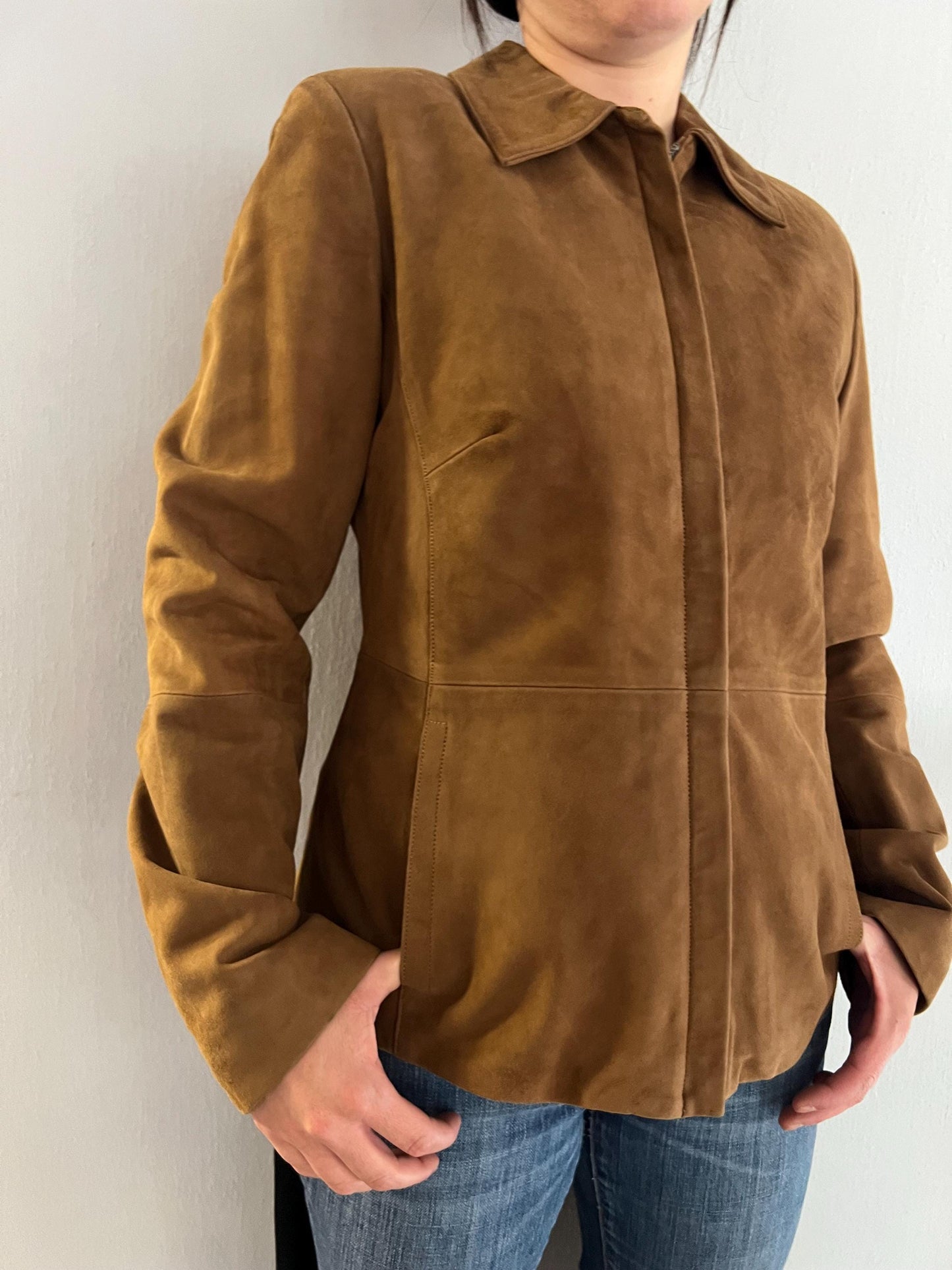 Handmade Tobacco Suede Leather Zipped Jacket: Light Genuine Leather Blazer