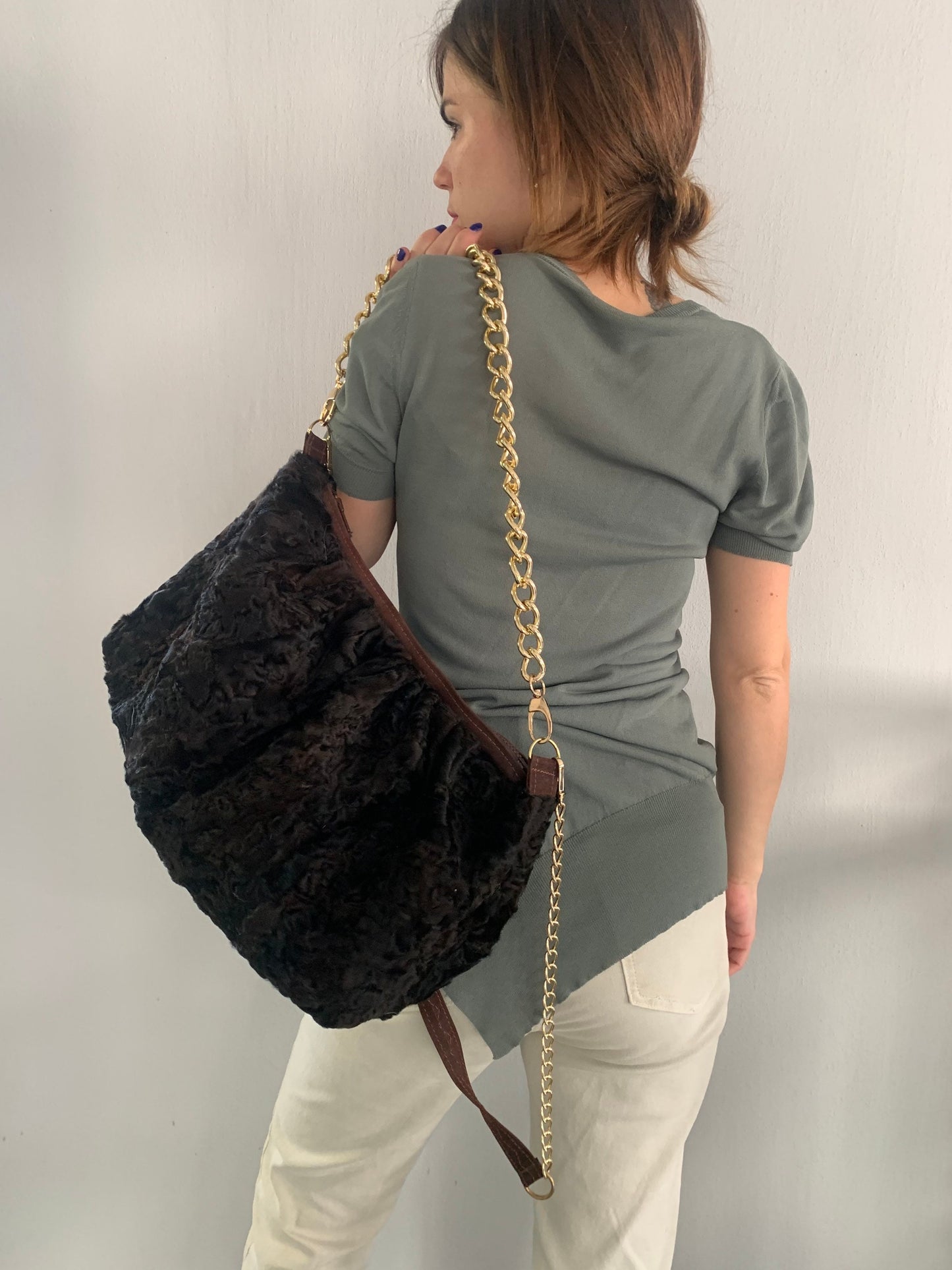 Lamb Fur Slouchy Shoulder Bag: Brown Cloud Pouch with Bronze Straps
