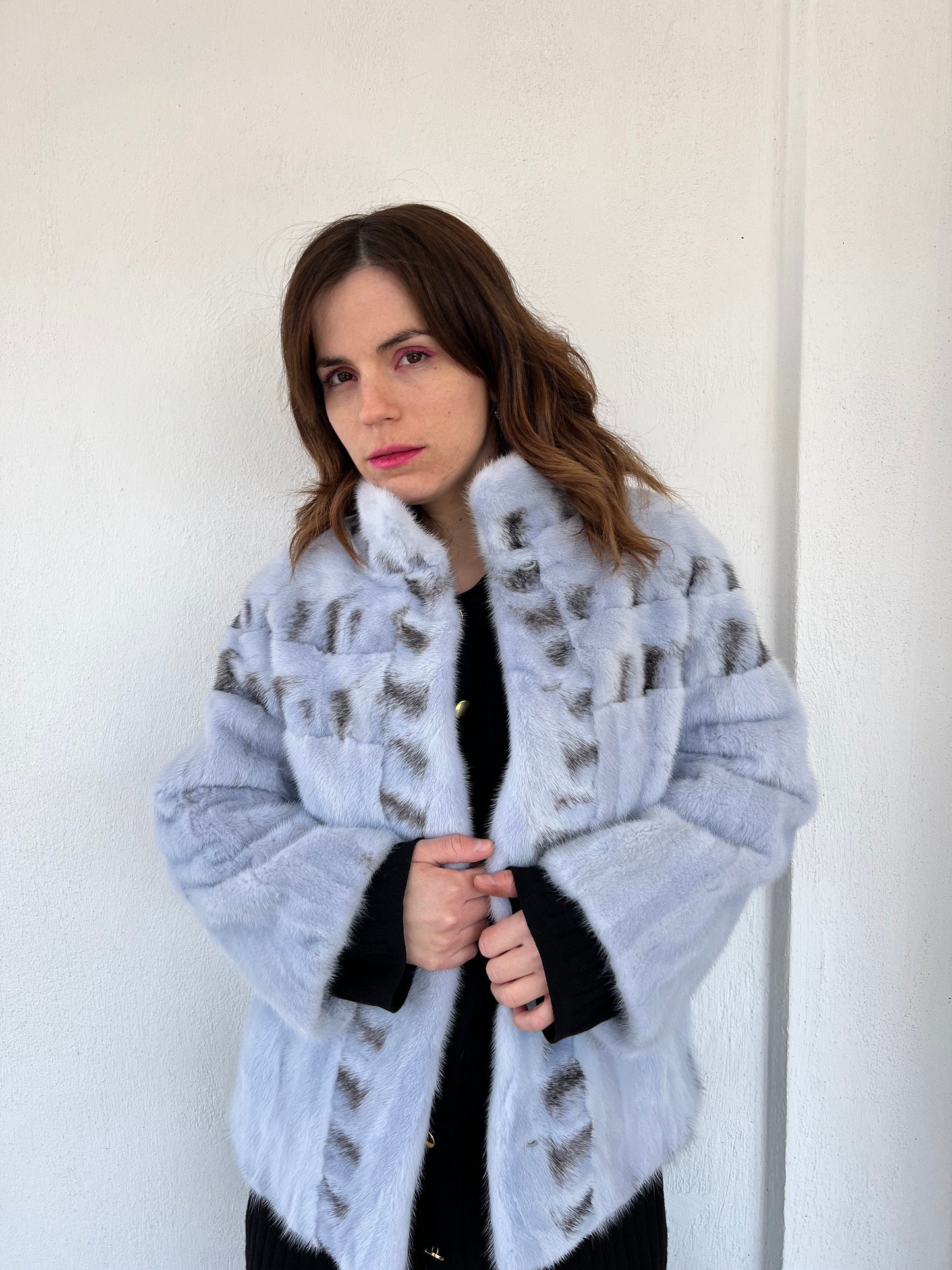 Baby Blue Mink Fur Jacket: High Collar artisanal fur - Handmade in Greece.