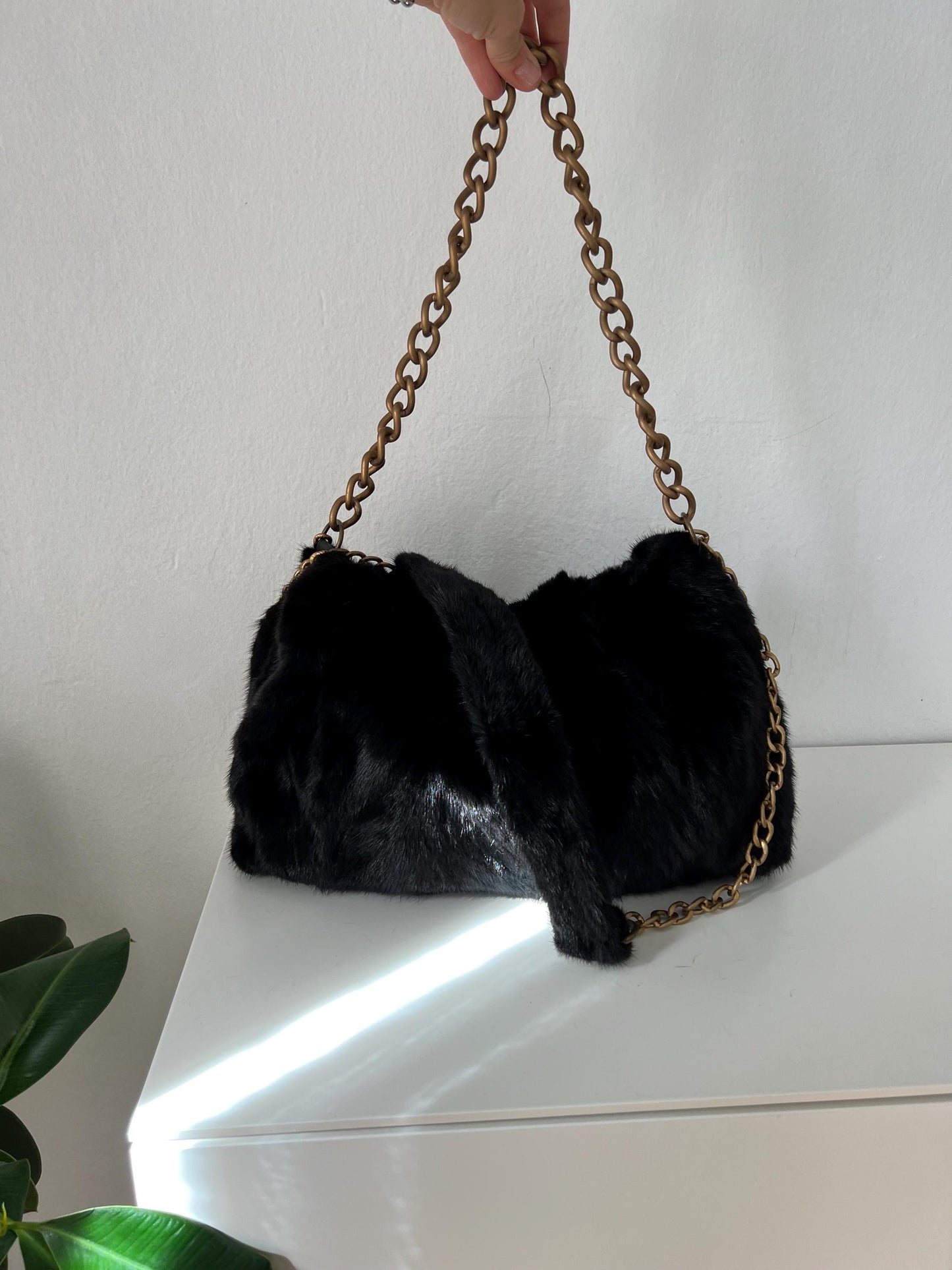 Handmade Mink Fur Shoulder Bag: Black Slouchy Pouch with Bronze Straps