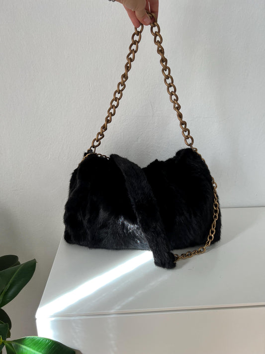 Handmade Mink Fur Shoulder Bag: Black Slouchy Pouch with Bronze Straps