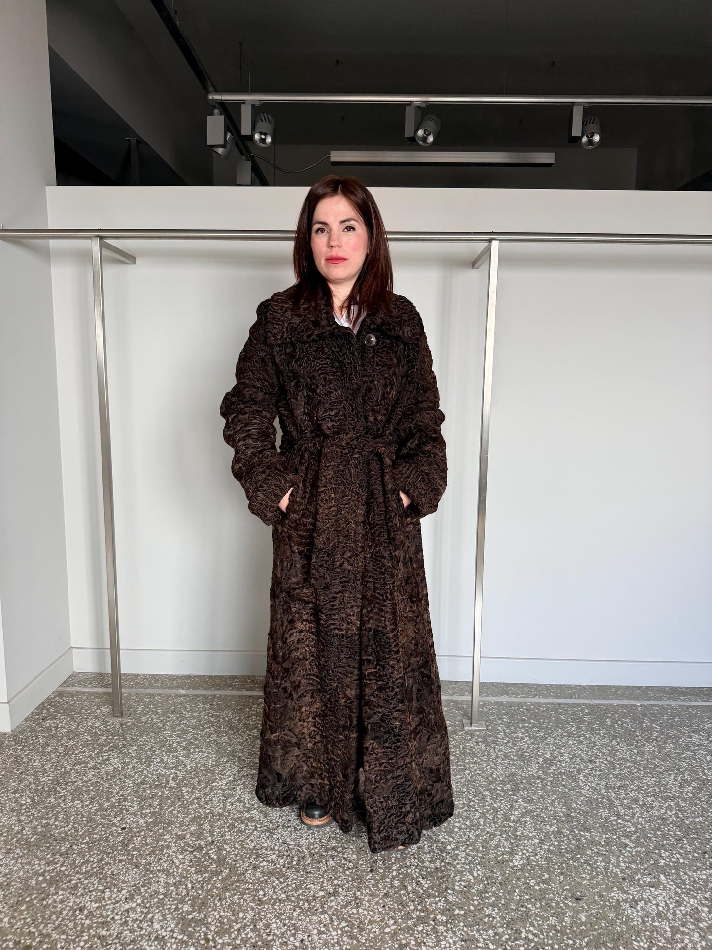 Handmade Brown Swakara Curly Fur Coat with Tie Belt – Extremely Warm Sheepskin Coat
