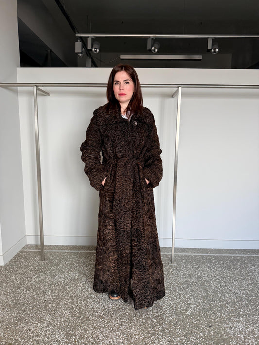 Handmade Brown Swakara Curly Fur Coat with Tie Belt – Extremely Warm Sheepskin Coat