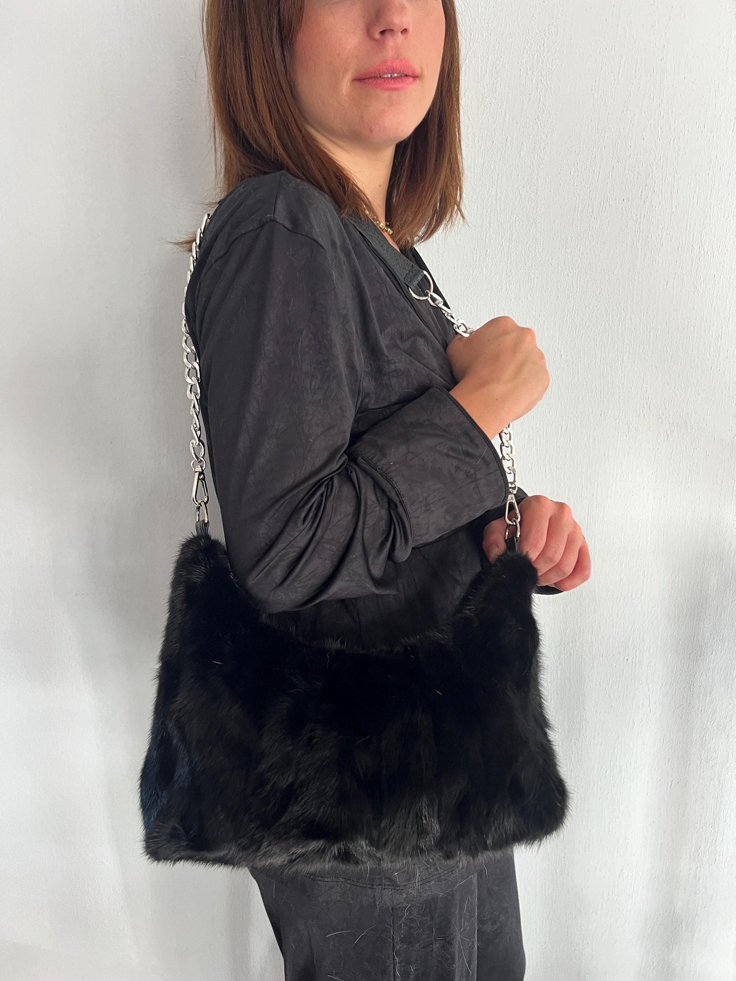Black Mink Fur Tote Bag: Leather & Chain Detail, Handmade