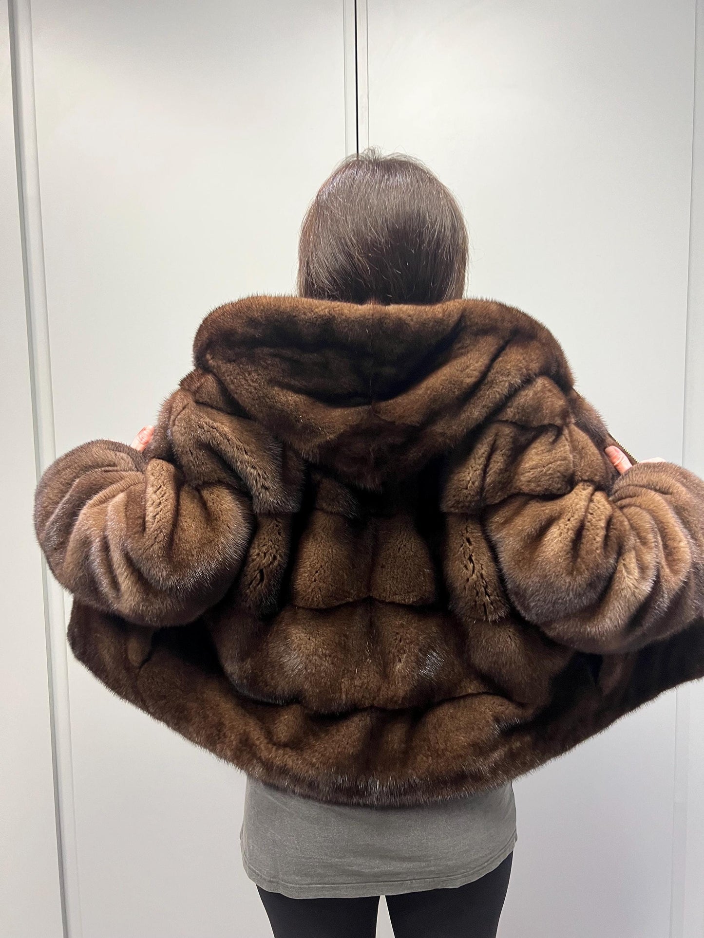 Brown hooded Mink Fur Jacket: Handmade Saga Mink Coat