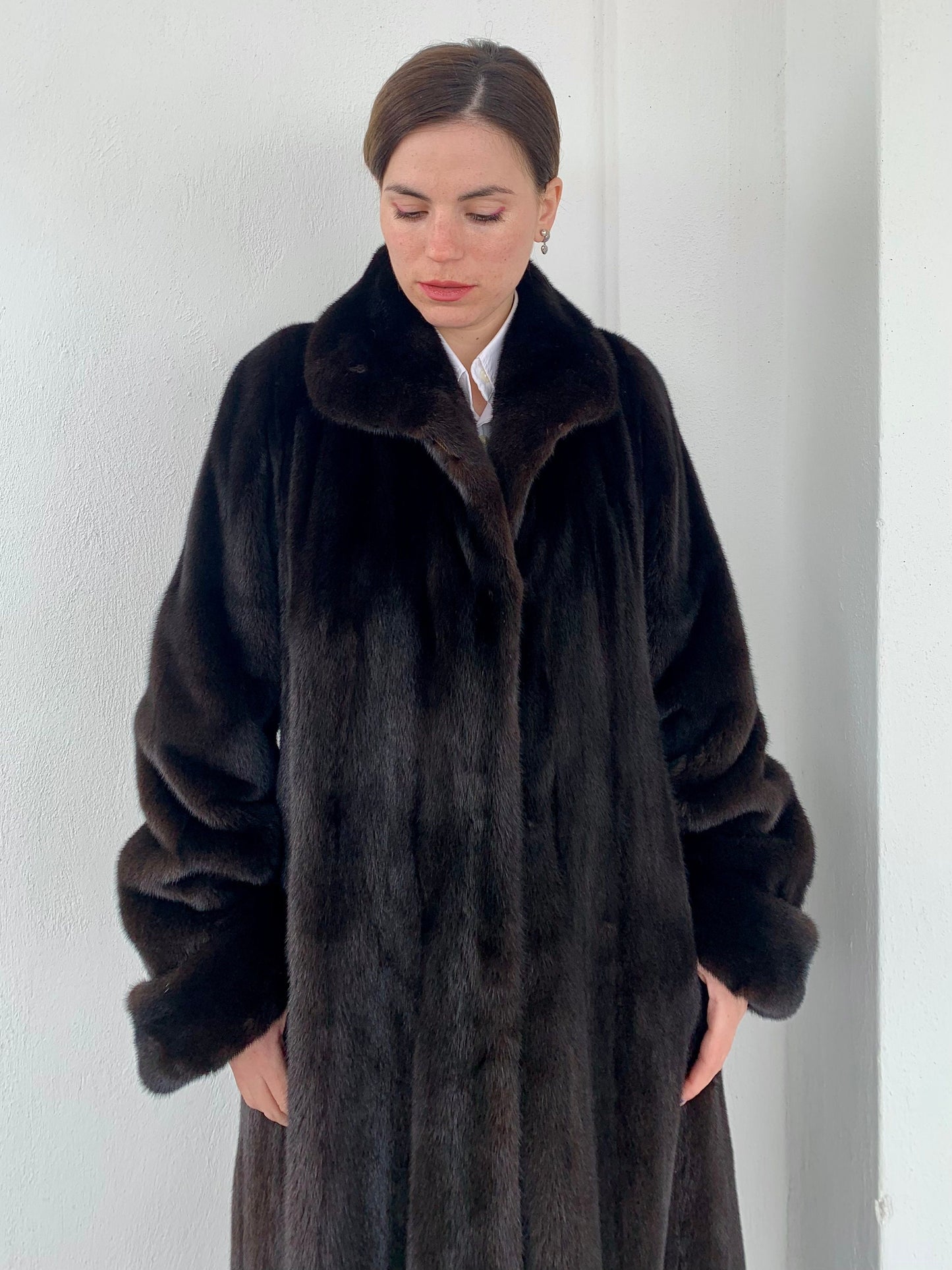 Mahogany Mink Fur Long Coat - Handmade Luxury stroller in full length godet style.