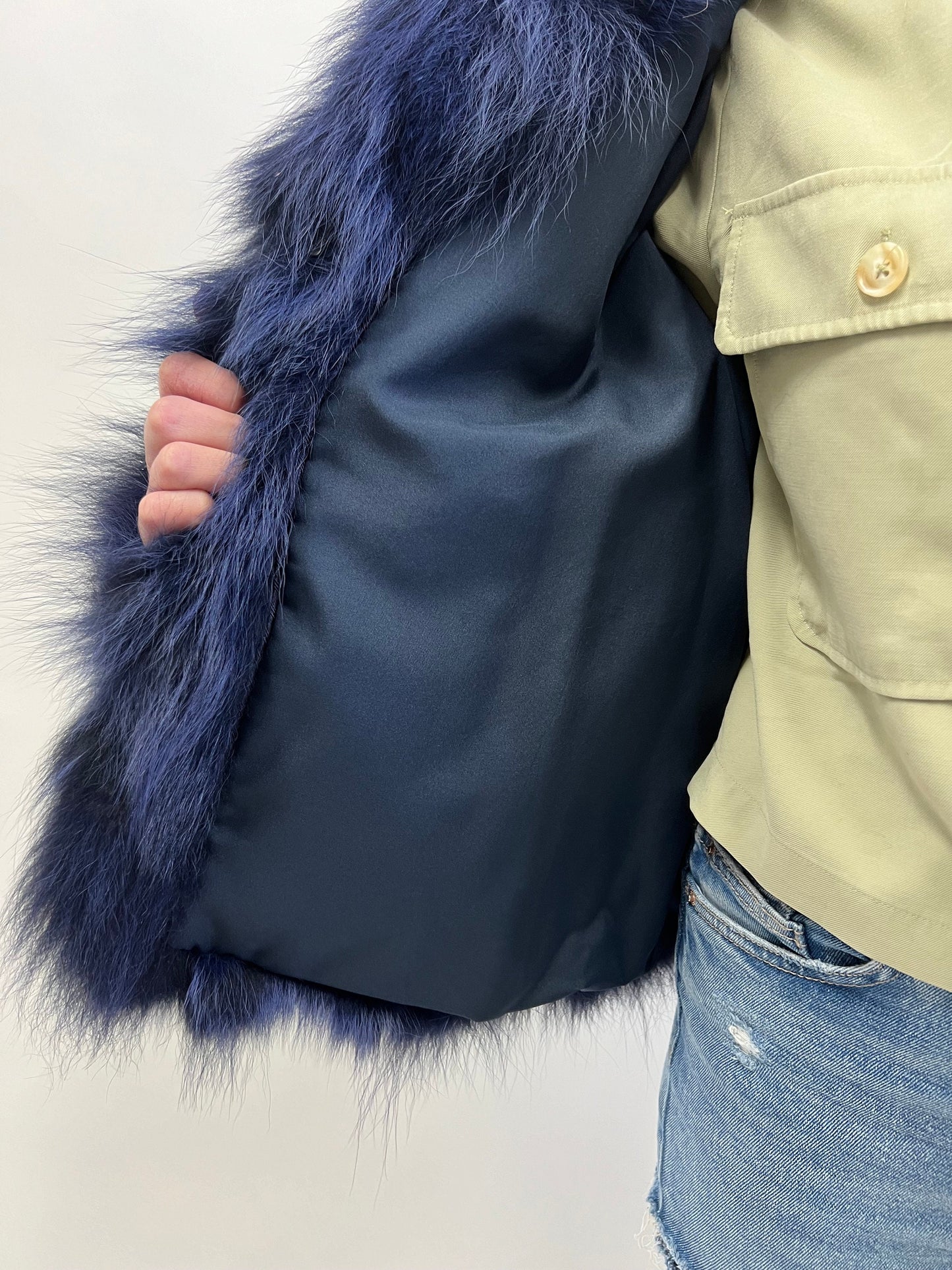 Real Denim Blue Fox Fur Jacket - Handmade Winter Coat