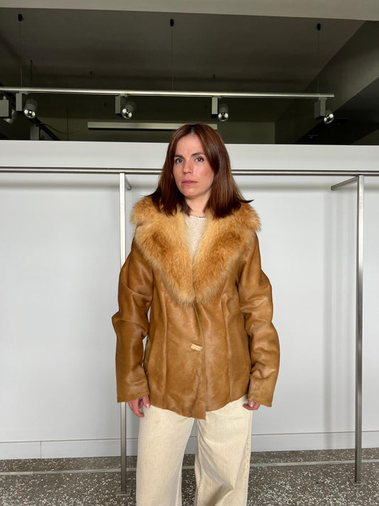 Handmade Gold Cavallino Leather Jacket with Fox Fur Collar. Calf leather. Pony hair like.