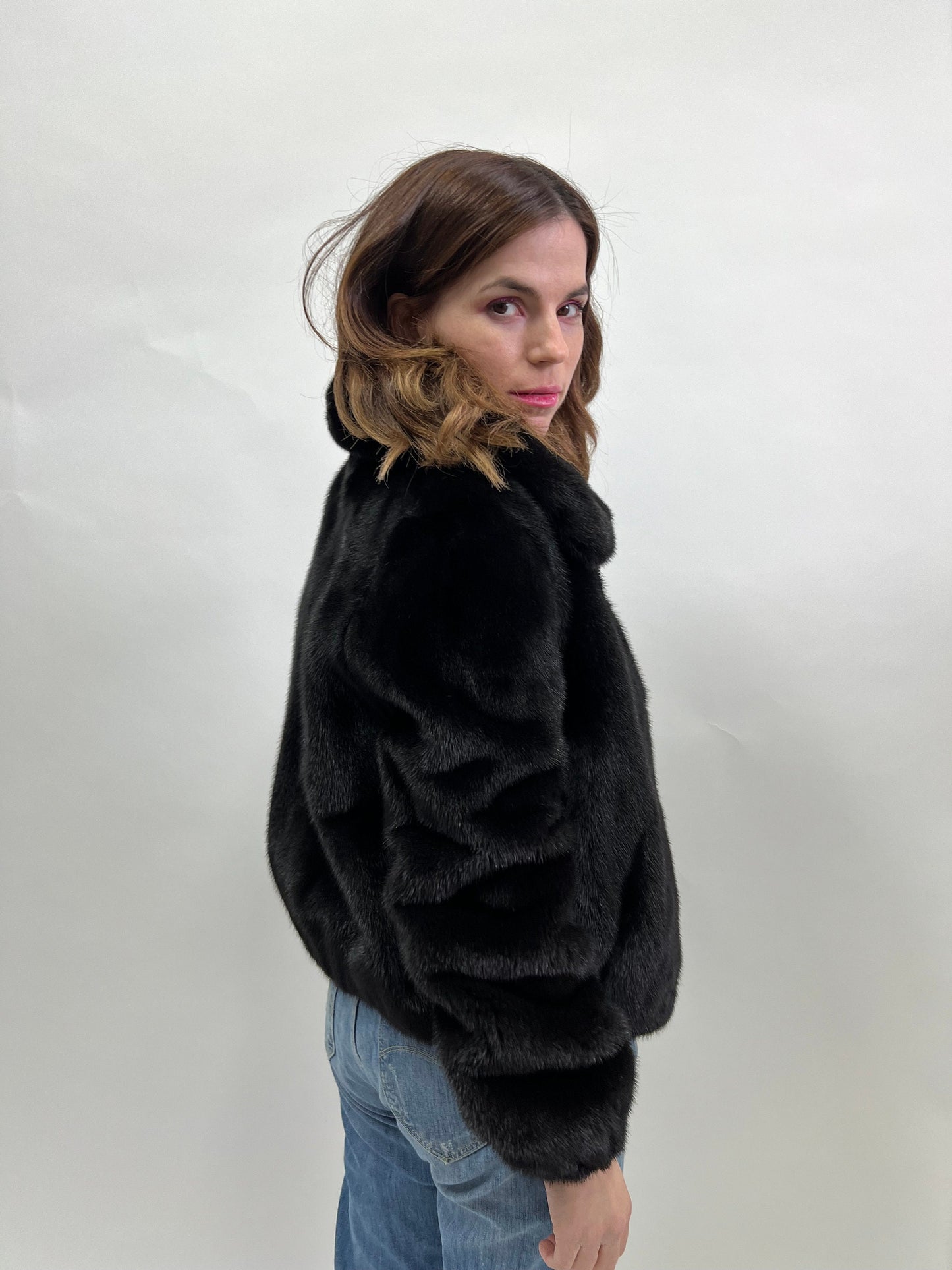 Real Mink Fur Velvet Bomber Jacket - Black, Big Collar
