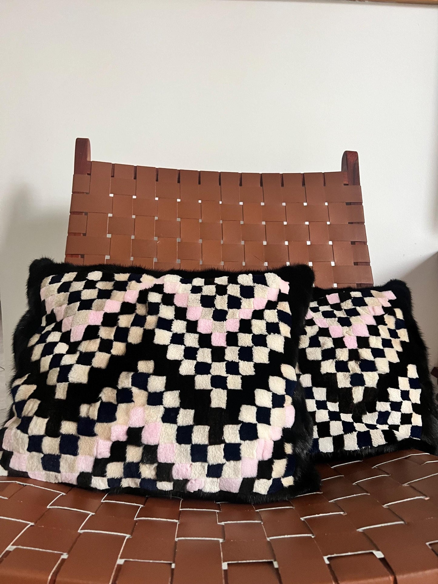 Mink Fur Pillow. Intarsia Decorative Cushion case in genuine real fur decoration.