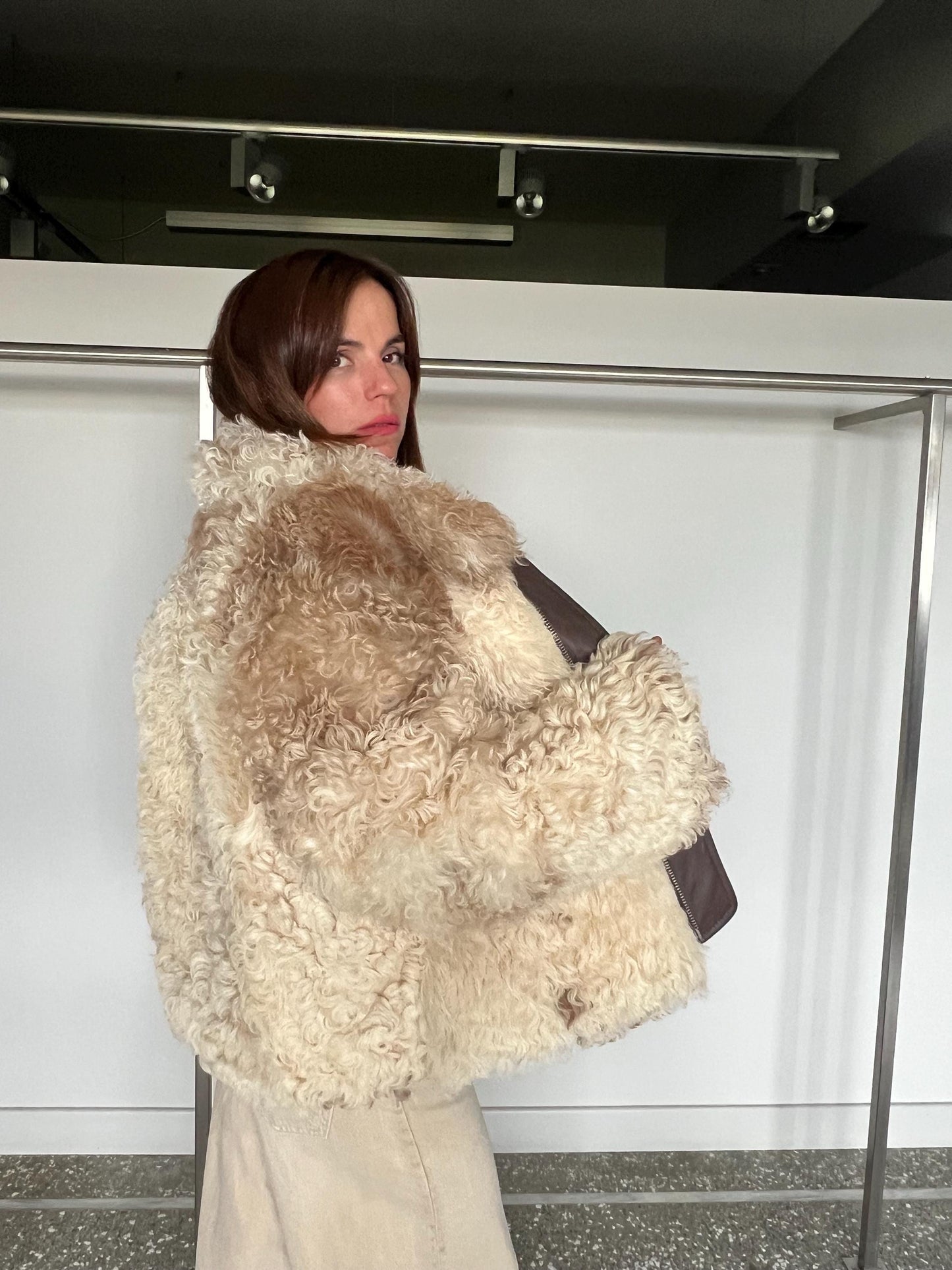Handmade Shearling Fur Jacket: White & Beige, Taupe Leather, Zip Up