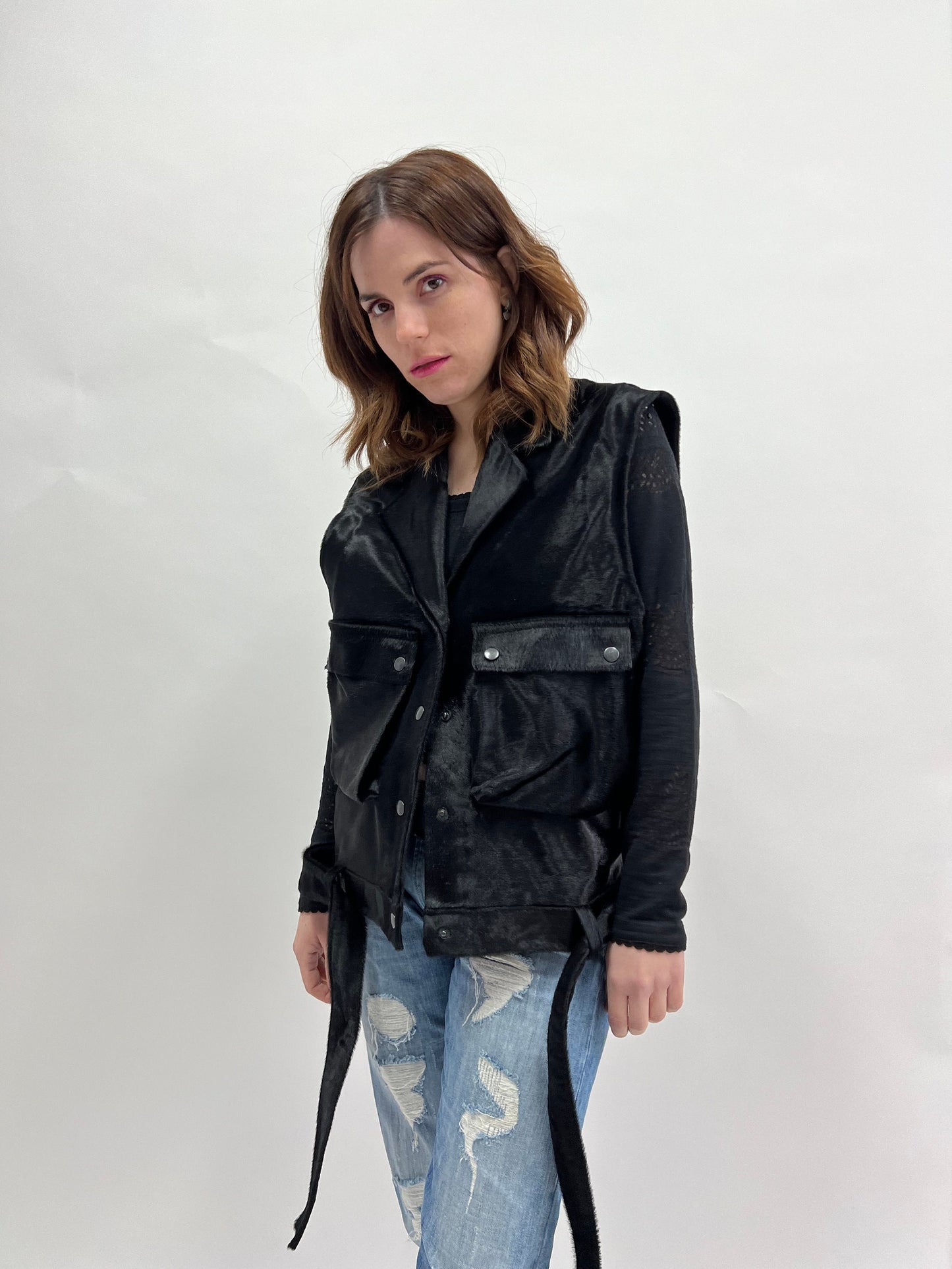 Genuine Hair-On Calf Hide Vest: Utility Leather Vest with Belt