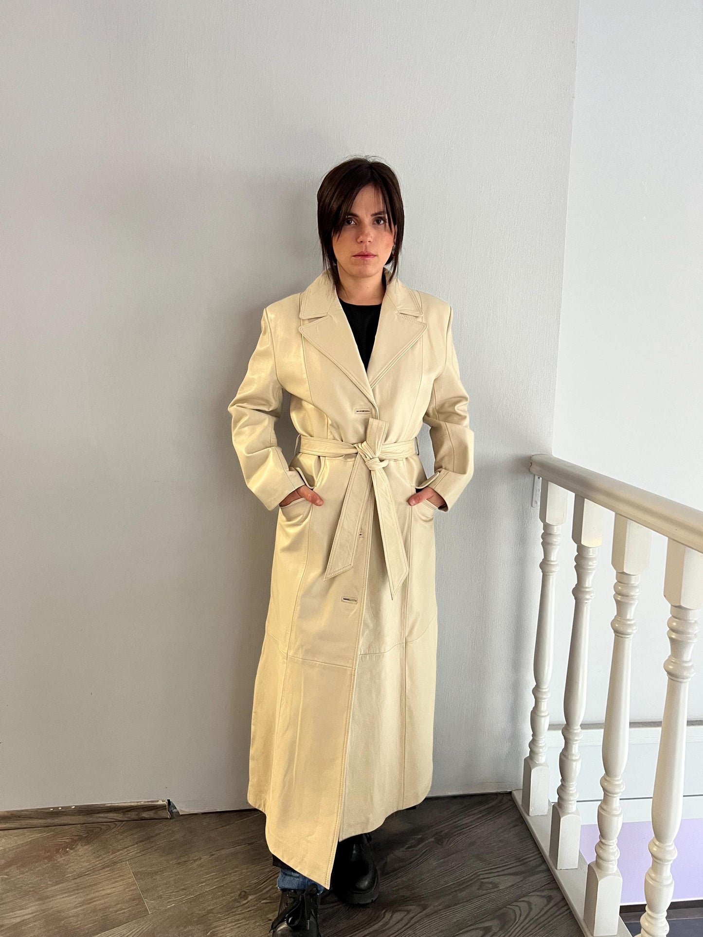 Handmade Nappa battery Lamb Leather Coat: Genuine Camel Leather, Tie Wrap