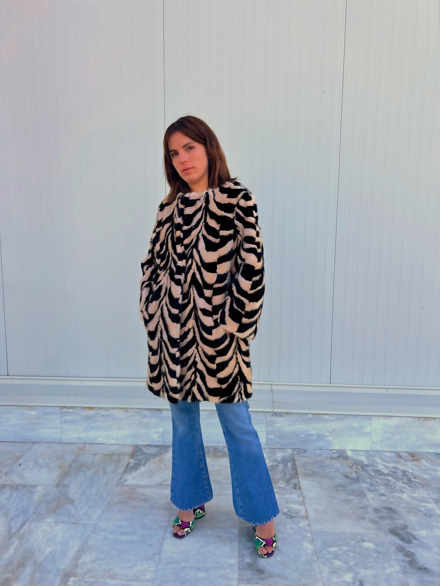 Beige & Black Intarsia Mink Fur Jacket: Handmade Genuine Fur Blazer