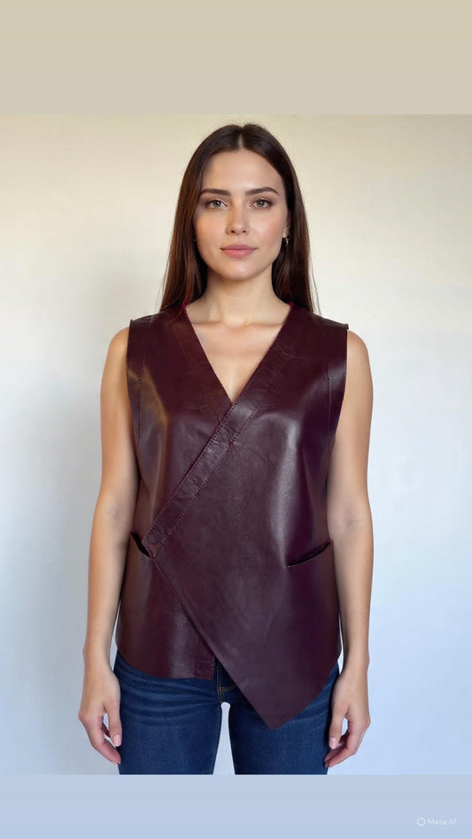 Burgundy thick Leather Vest unlined. Diagonal premium hide vest.