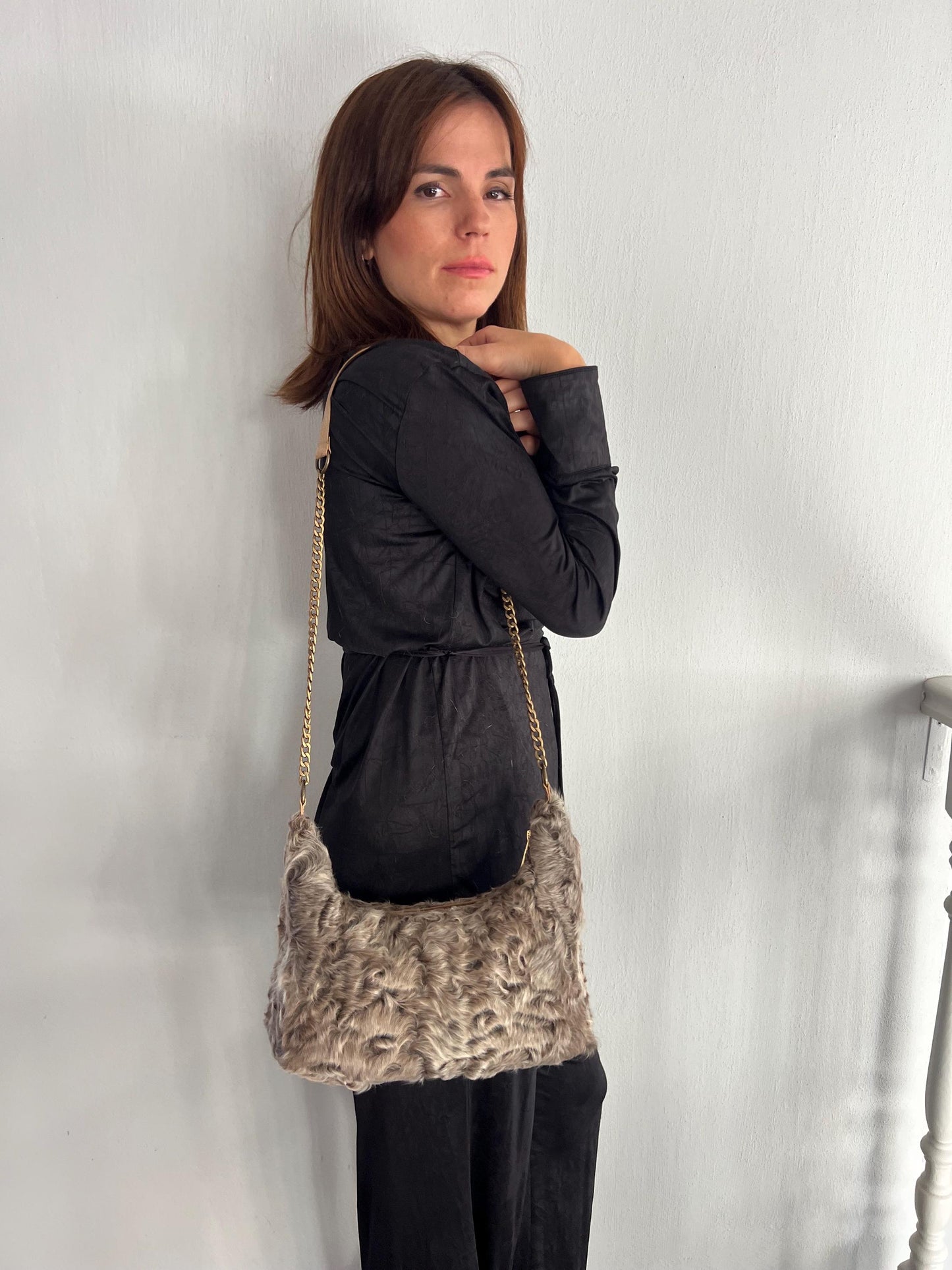 Swakara Grey Fur Tote Bag: Leather & Chain Detail, Luxury Handbag