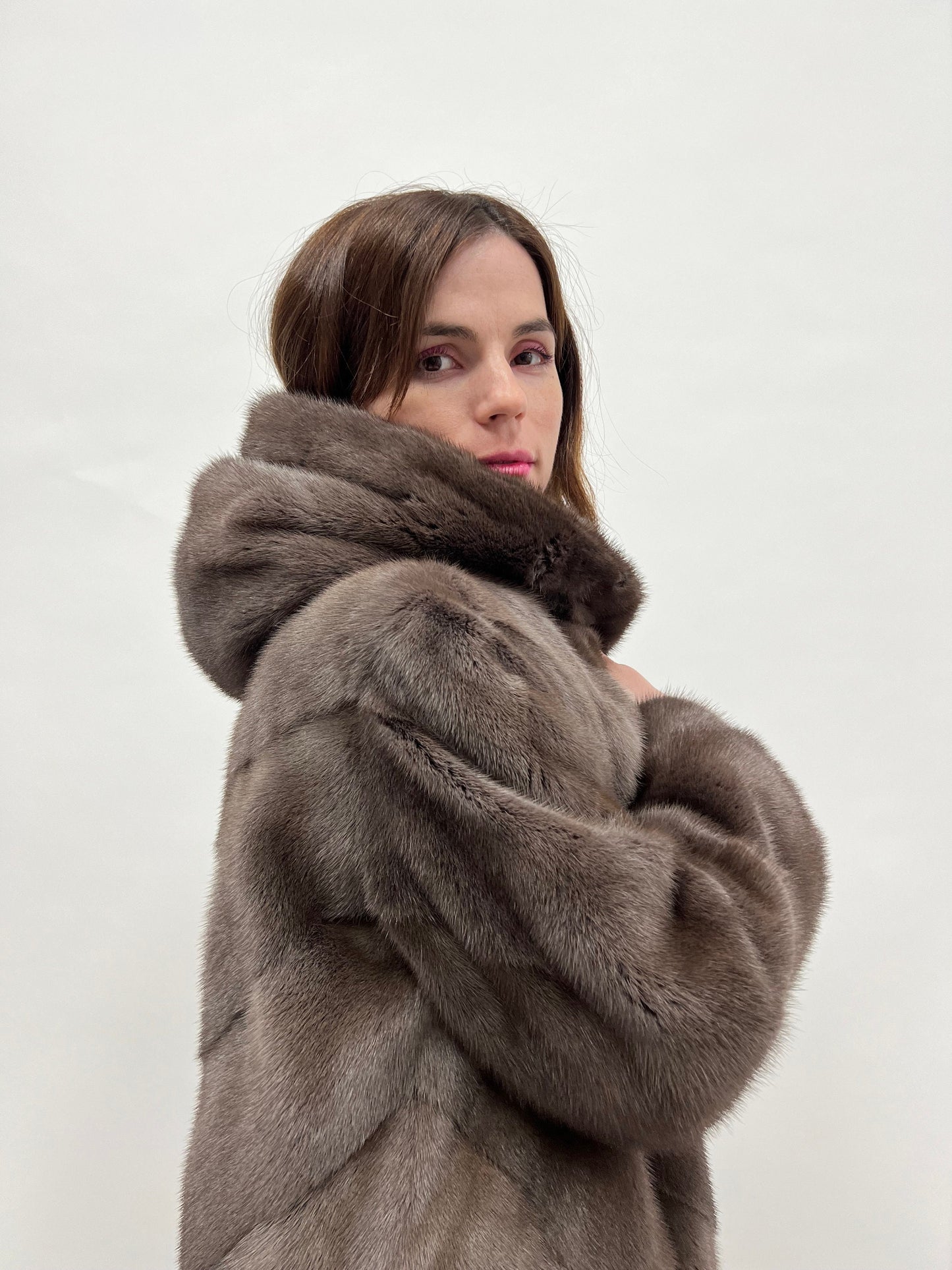 Cloud Mink Fur Hooded Coat: Warm Grey Diagonal Jacket
