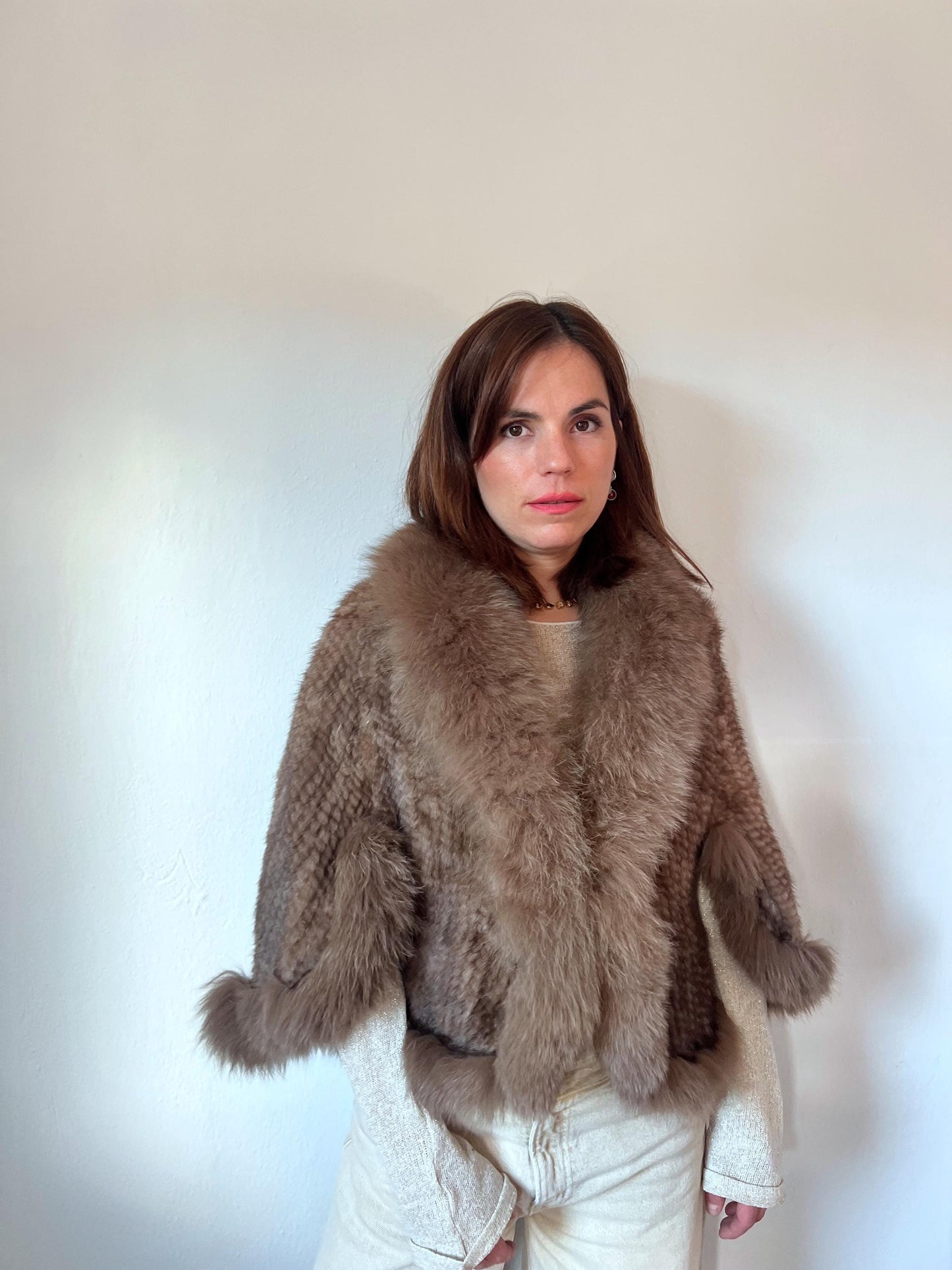 Handwoven Mink Cape with Fox Fur Trim - Taupe Poncho Jacket
