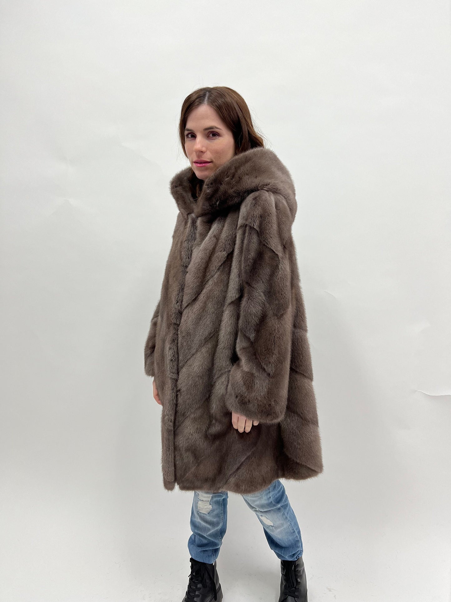 Cloud Mink Fur Hooded Coat: Warm Grey Diagonal Jacket