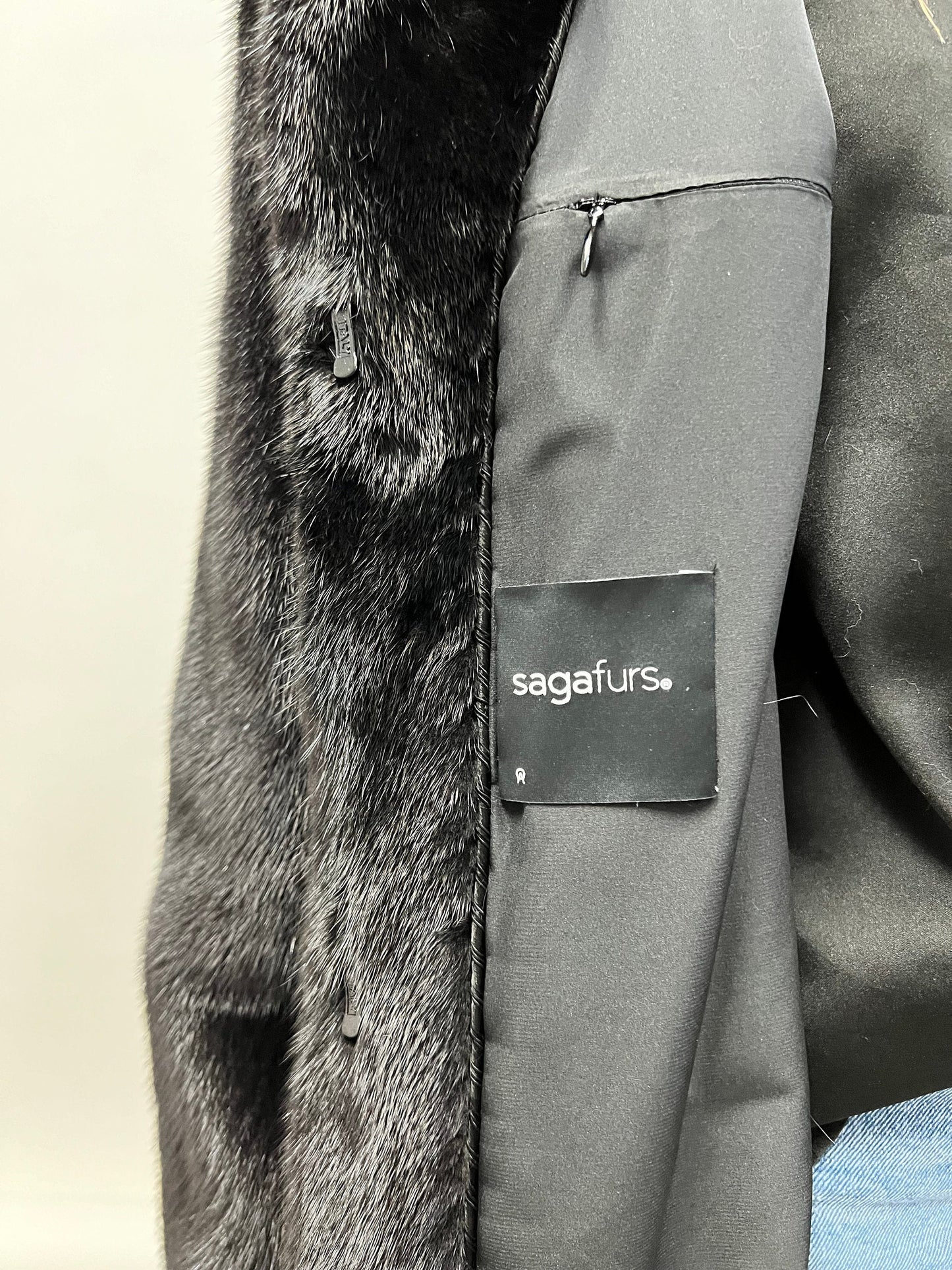 Black Saga Mink Fur Coat, Luxury Texture, Hooks Closure