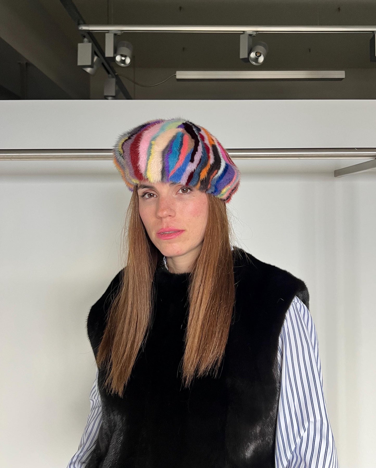 Handmade Multicolored Mink Fur Beret: Stylish Winter Hat