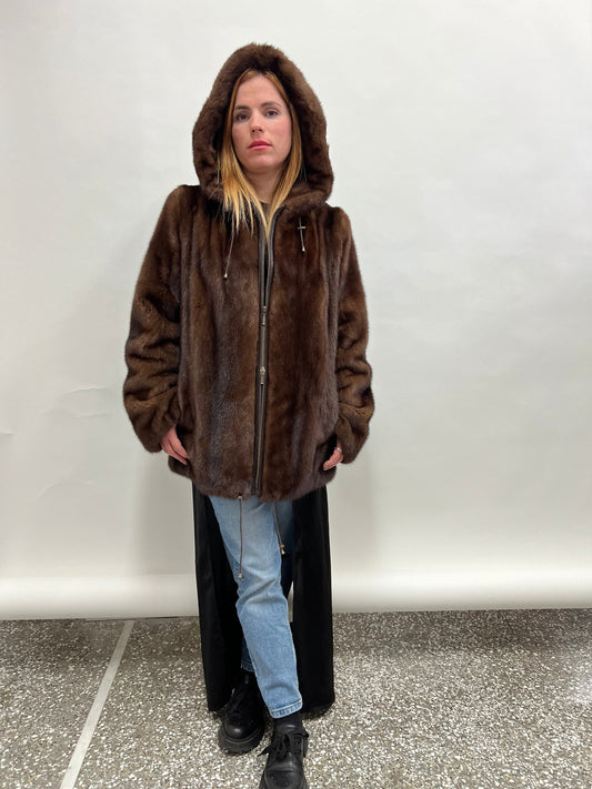 Brown Mink Hooded Jacket - Saga Furs - Zip Closure