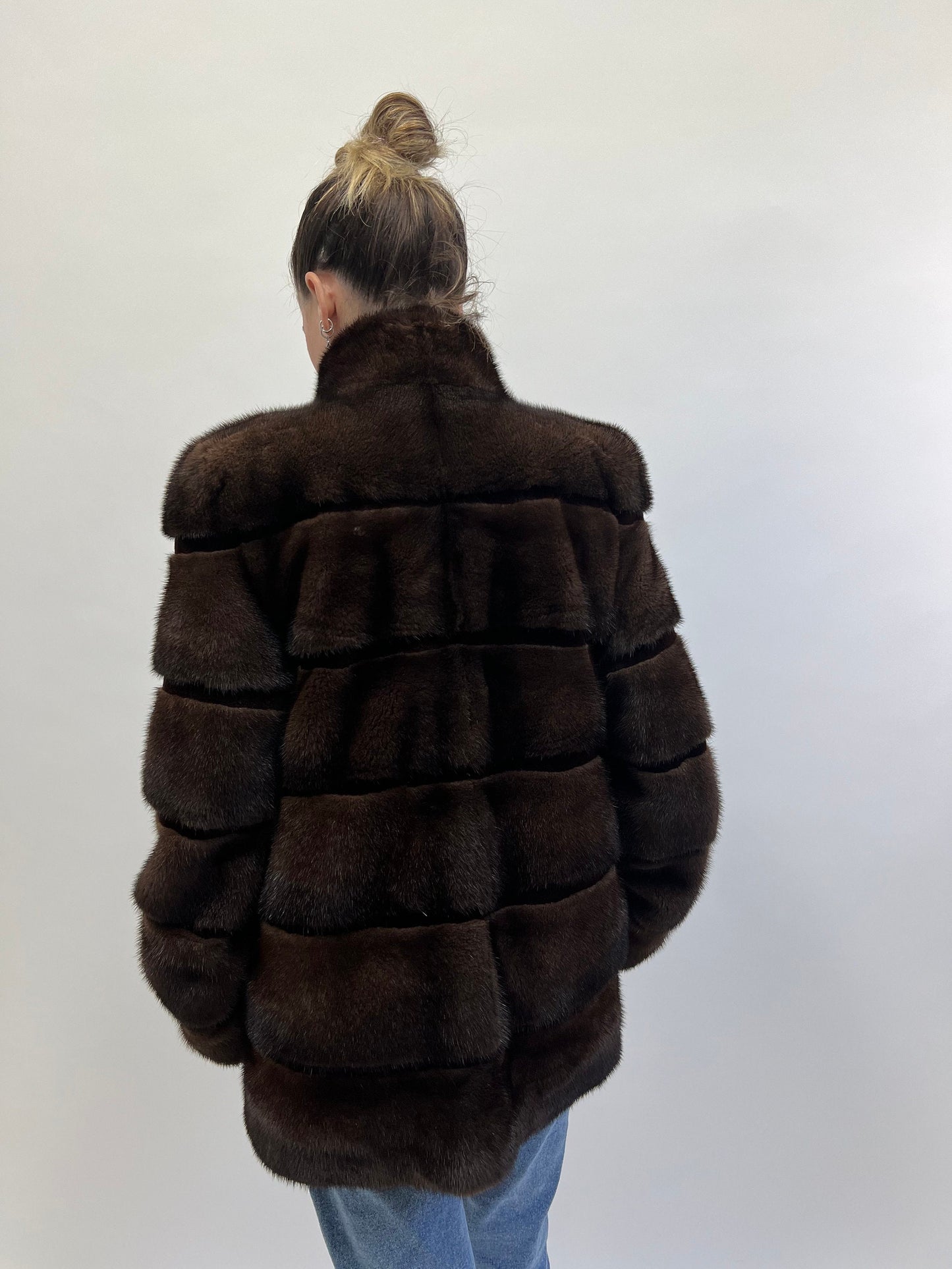 Dark Brown Mink Fur Coat: Horizontal Sheared Stripes, Size M/L