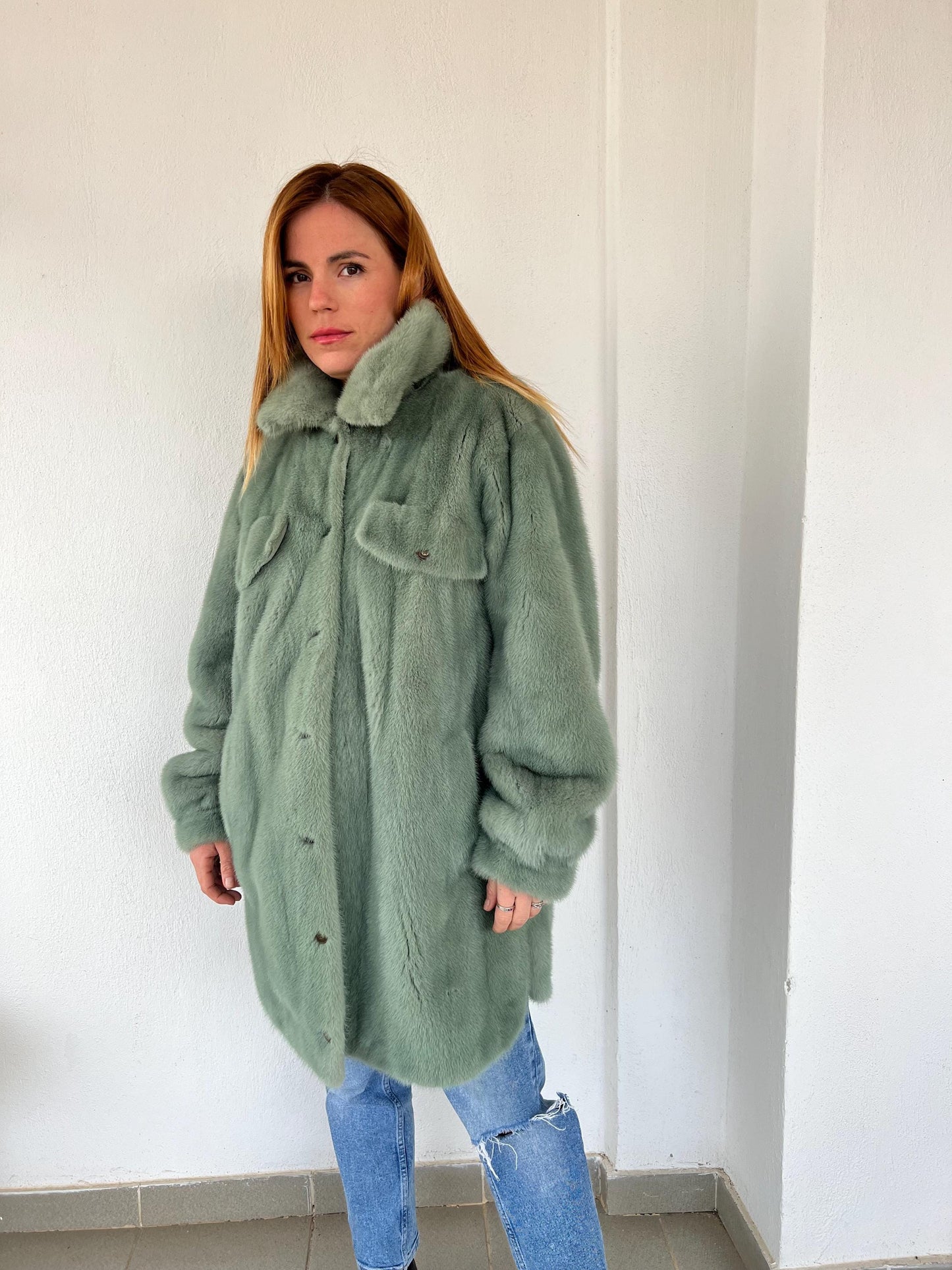 Pistachio Mink Fur Over-Shirt Coat: Grey Boxy Style, XL