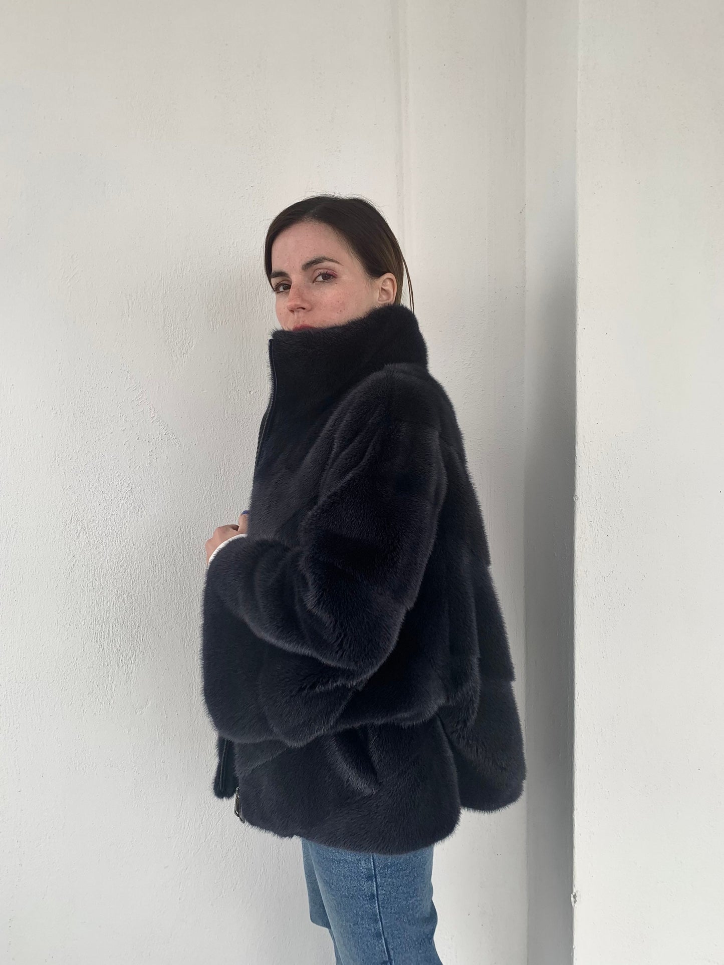 Denim Blue Mink Fur Cape: Handmade Oversized Jacket