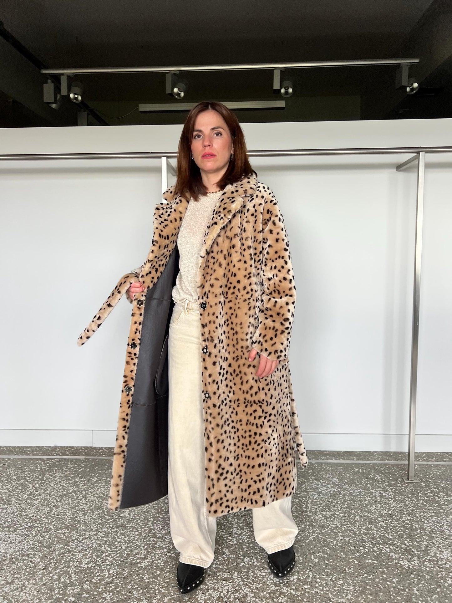 Handmade Merino Shearling Coat: Animal Stamp Fur Stroller, Brown Leather Wrap