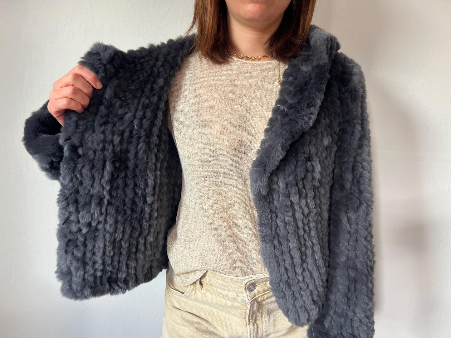 Handwoven Rabbit Fur Hooded Jacket - Dark Grey Lightweight Coat