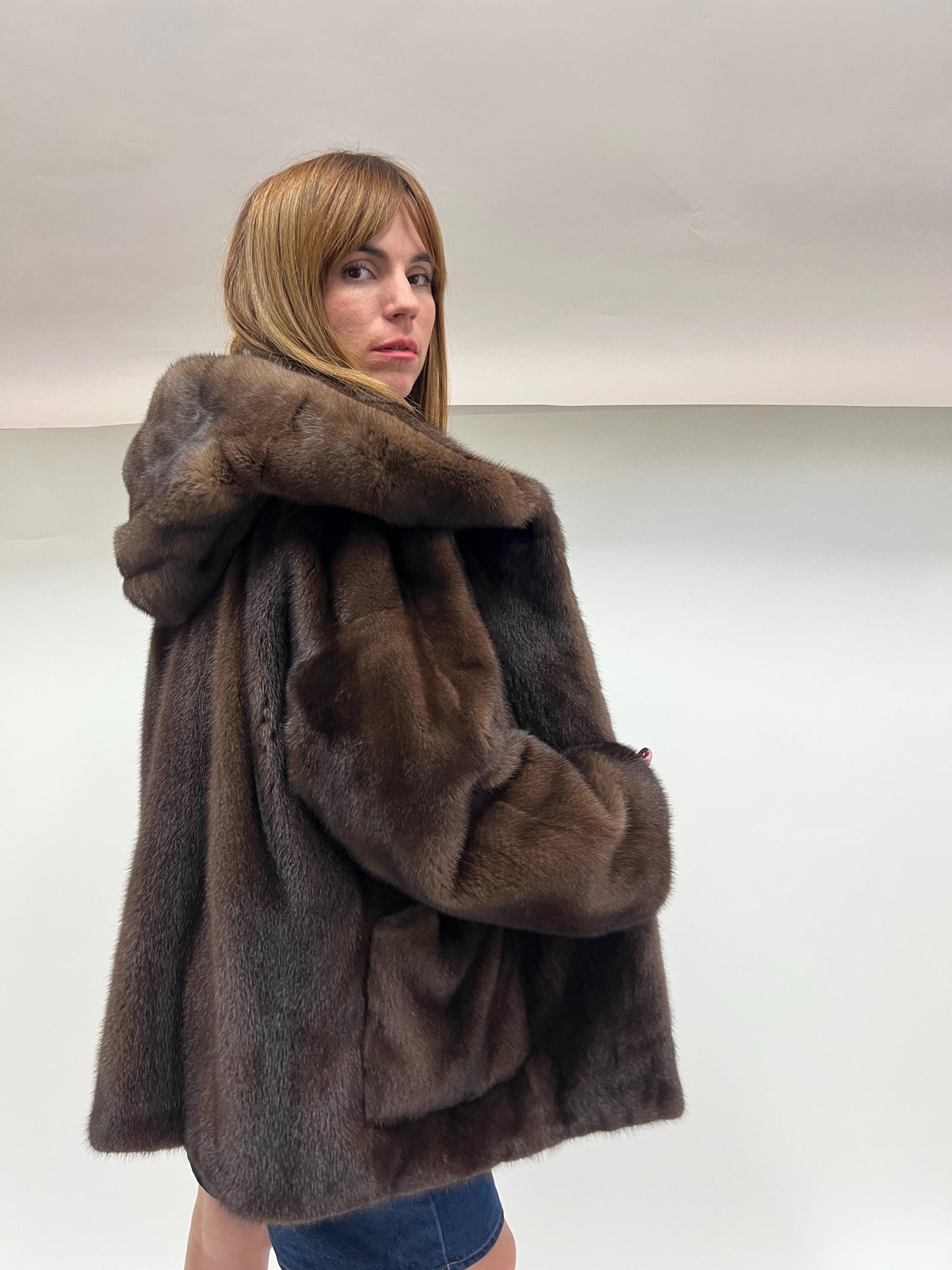 Real Brown Mink Hooded Jacket - Saga Demi Buff Fur