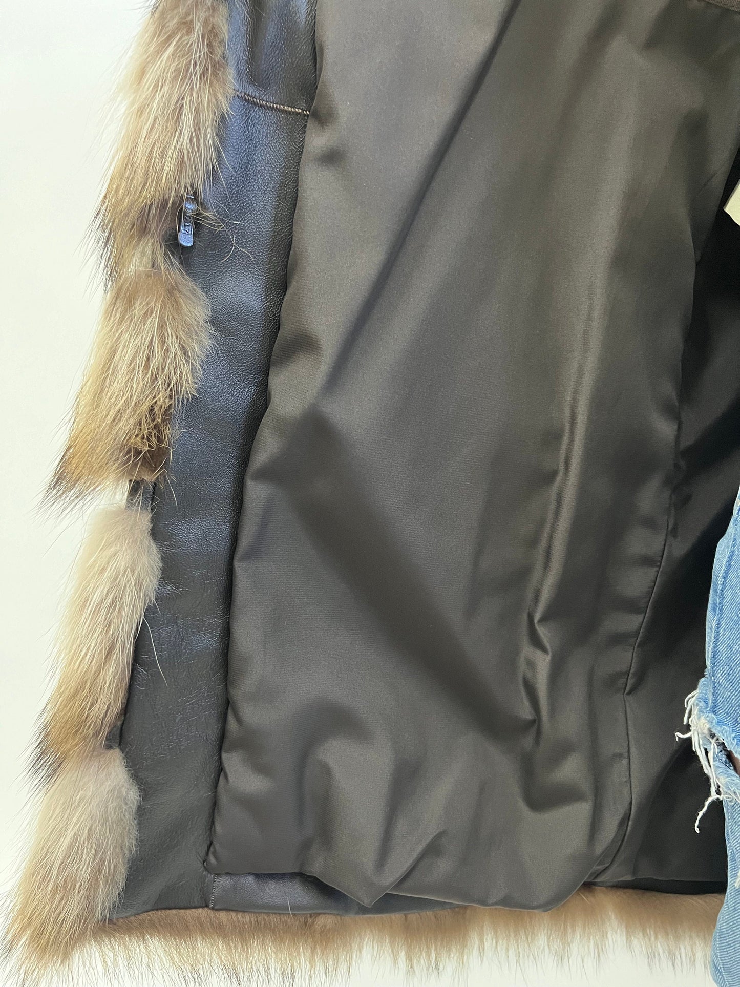 Real Raccoon Fur Vest: Beige Brown Leather Trim, Size XXSmall-XSmall
