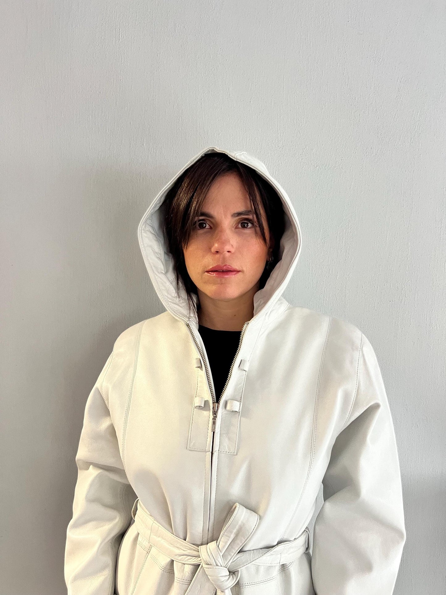 Handmade Nappa buttery Lambskin Leather Coat: Hooded Belted White Jacket