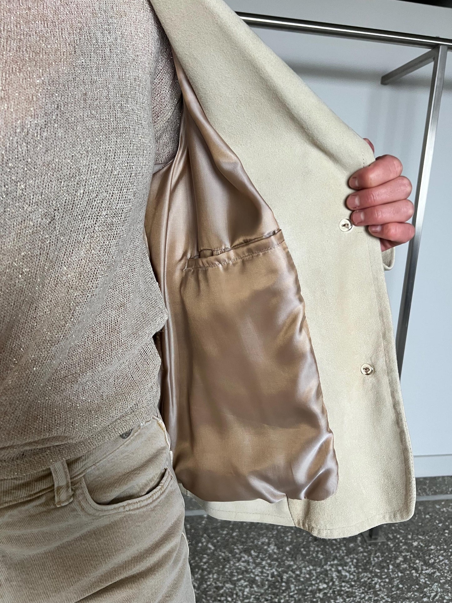 Beige distressed suede leather oversirt. Lightweight genuine leather: Handmade blazer.