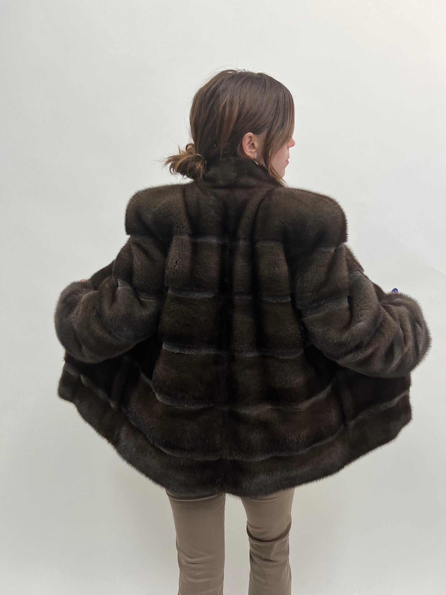 Brown Mink Fur Coat, Saga Sheared Trim, Handmade in Greece