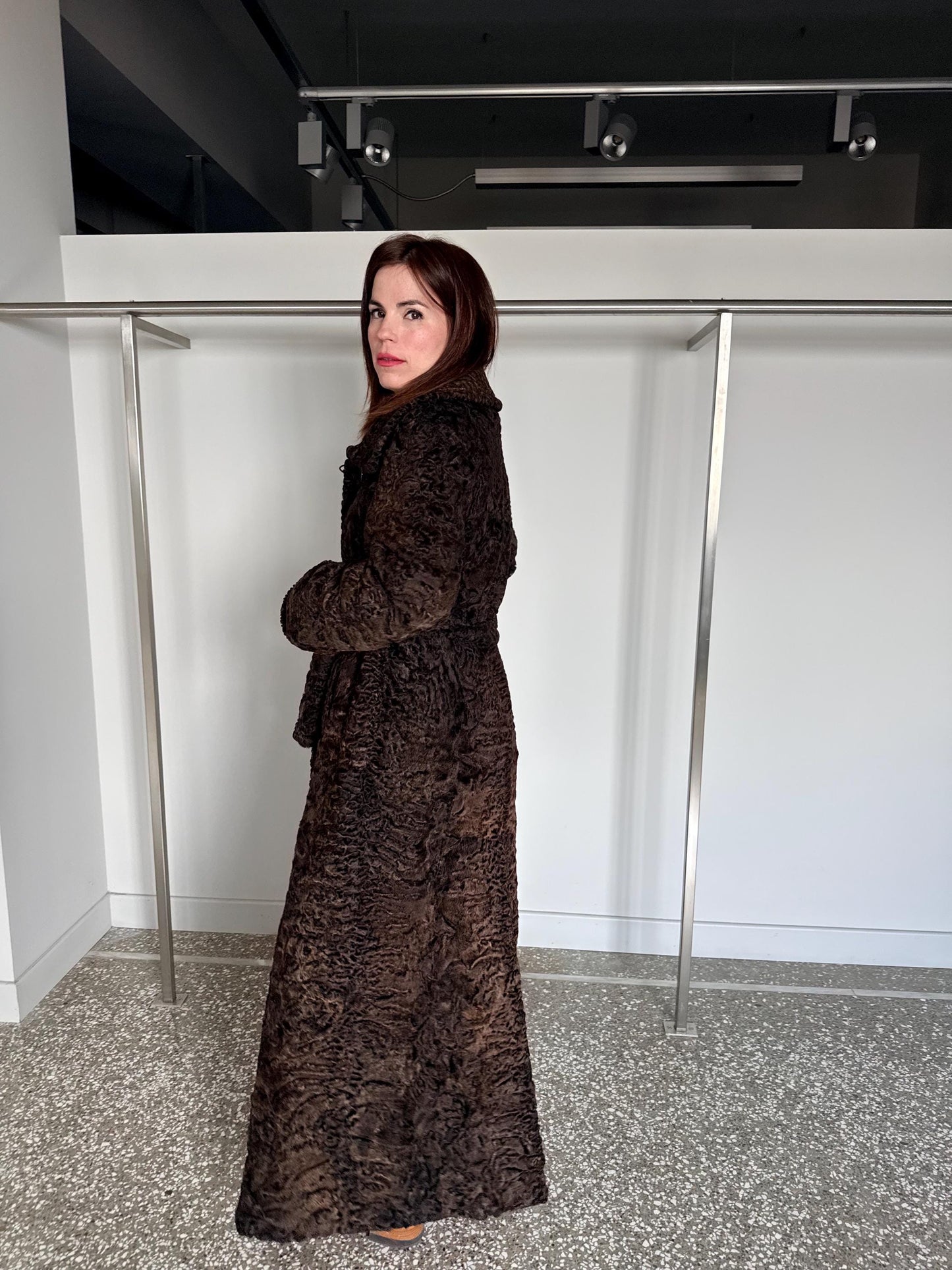 Handmade Brown Swakara Curly Fur Coat with Tie Belt – Extremely Warm Sheepskin Coat