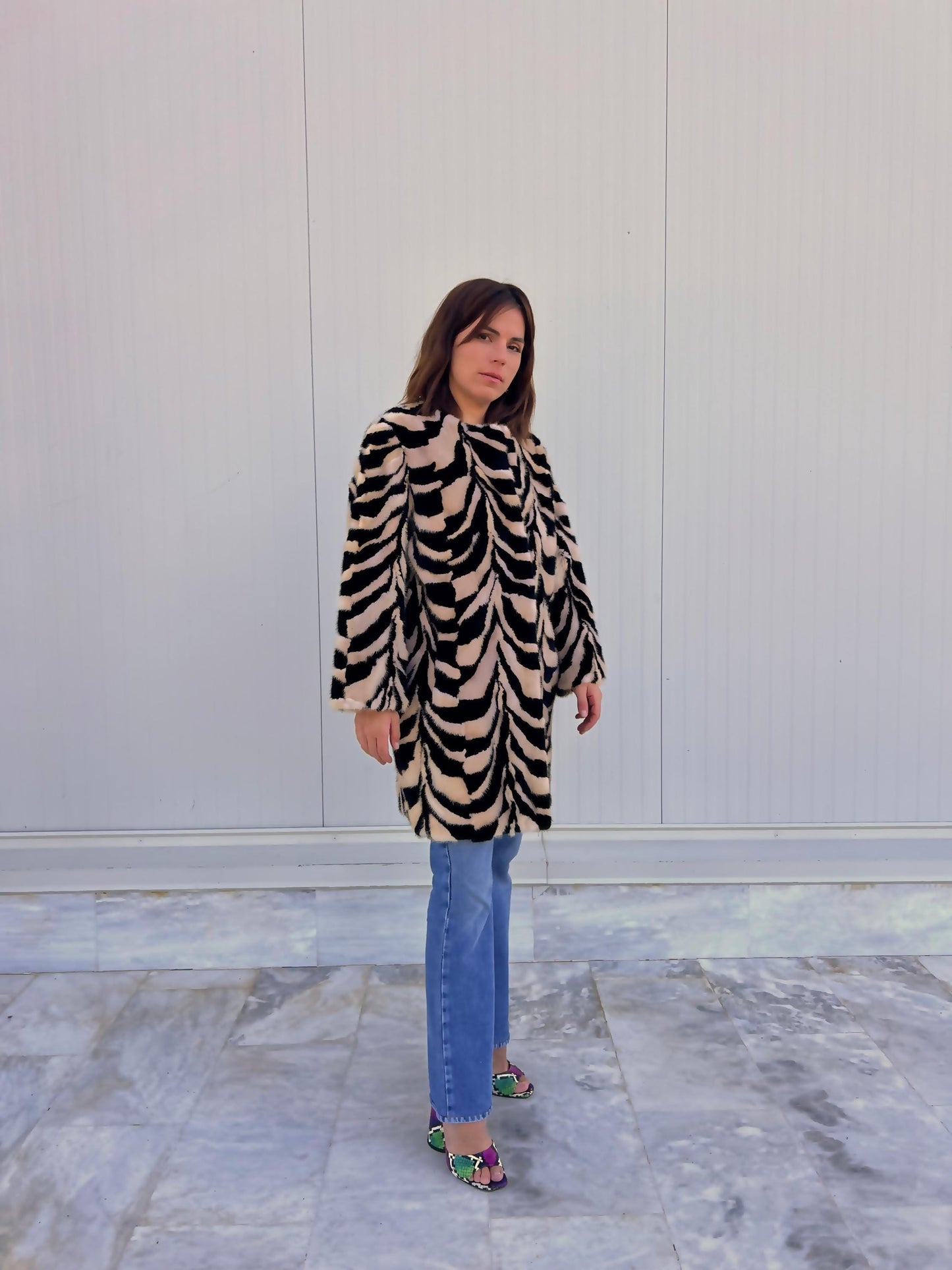 Beige & Black Intarsia Mink Fur Jacket: Handmade Genuine Fur Blazer
