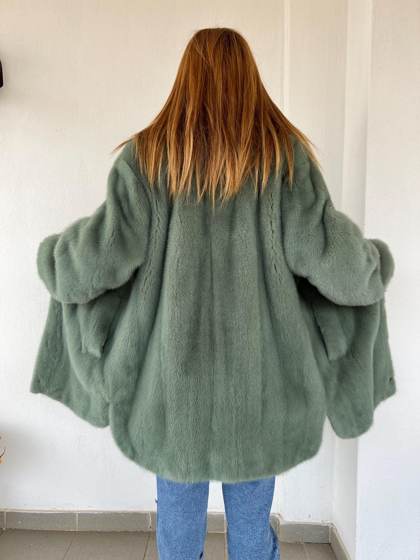 Pistachio Mink Fur Over-Shirt Coat: Grey Boxy Style, XL