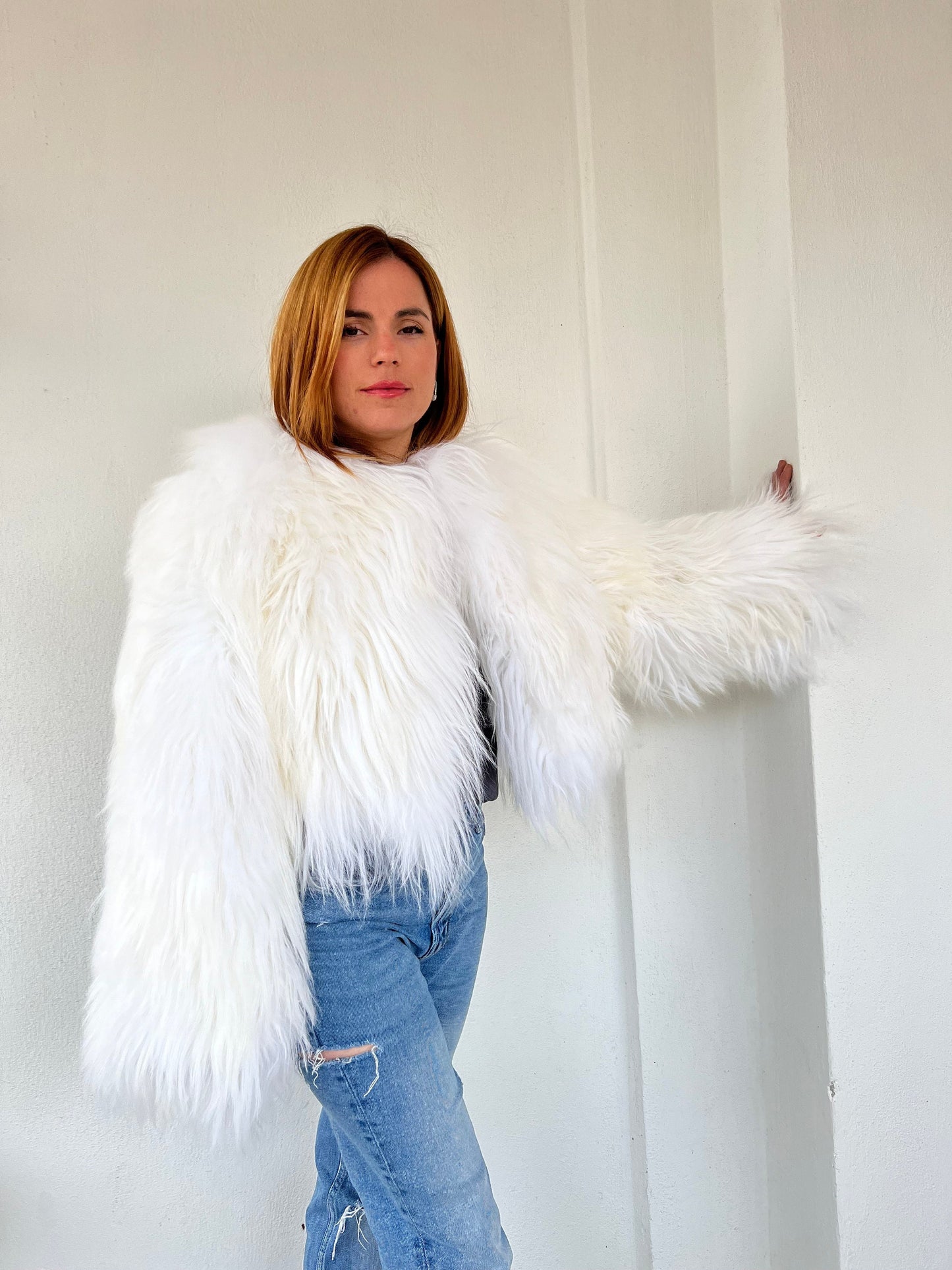 Handmade Mongolian Sheepskin Fur Jacket: Collarless Winter Coat