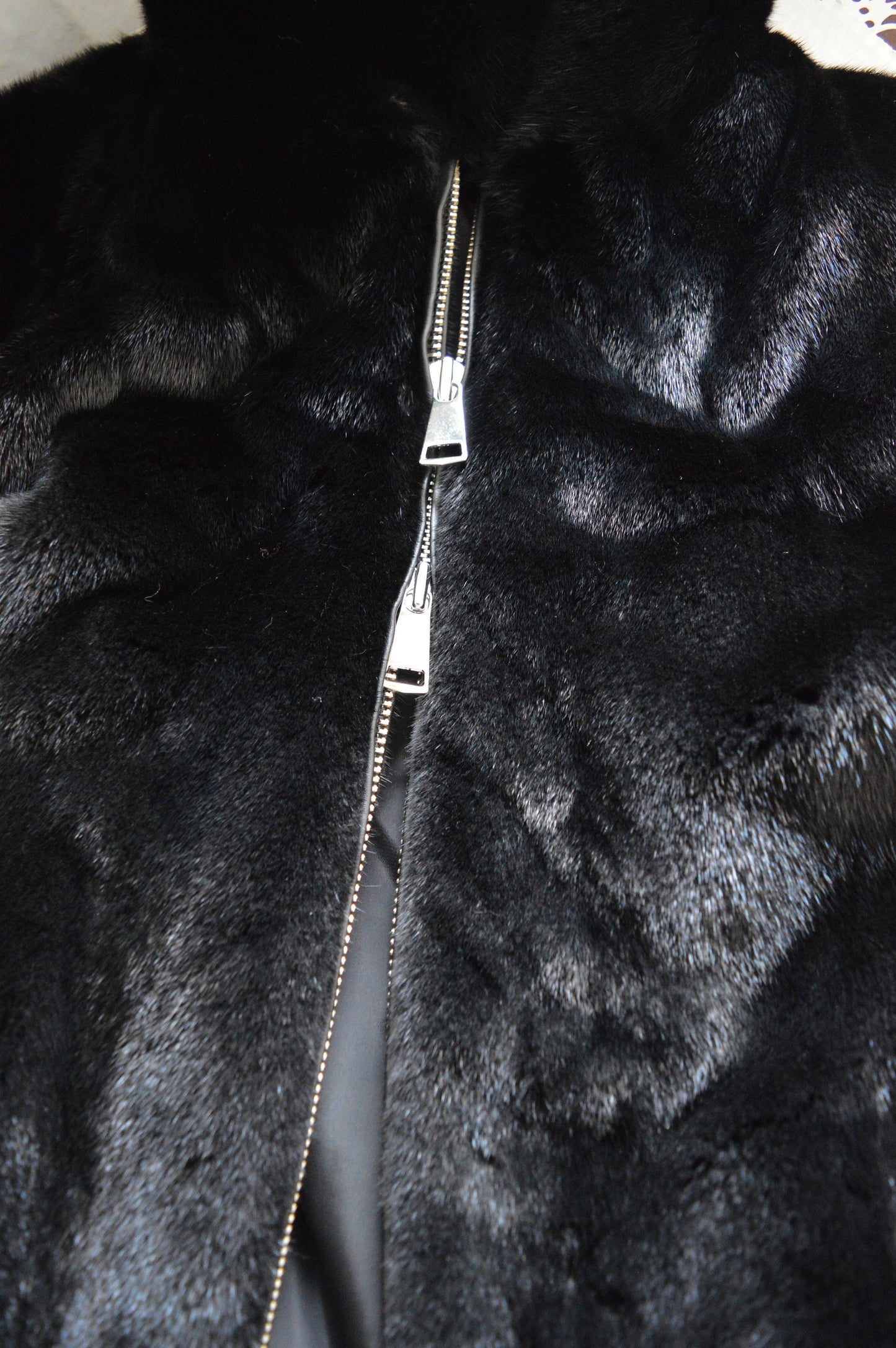 Velvet Mink Bomber Jacket: Black Saga velvet for men with Leather Details