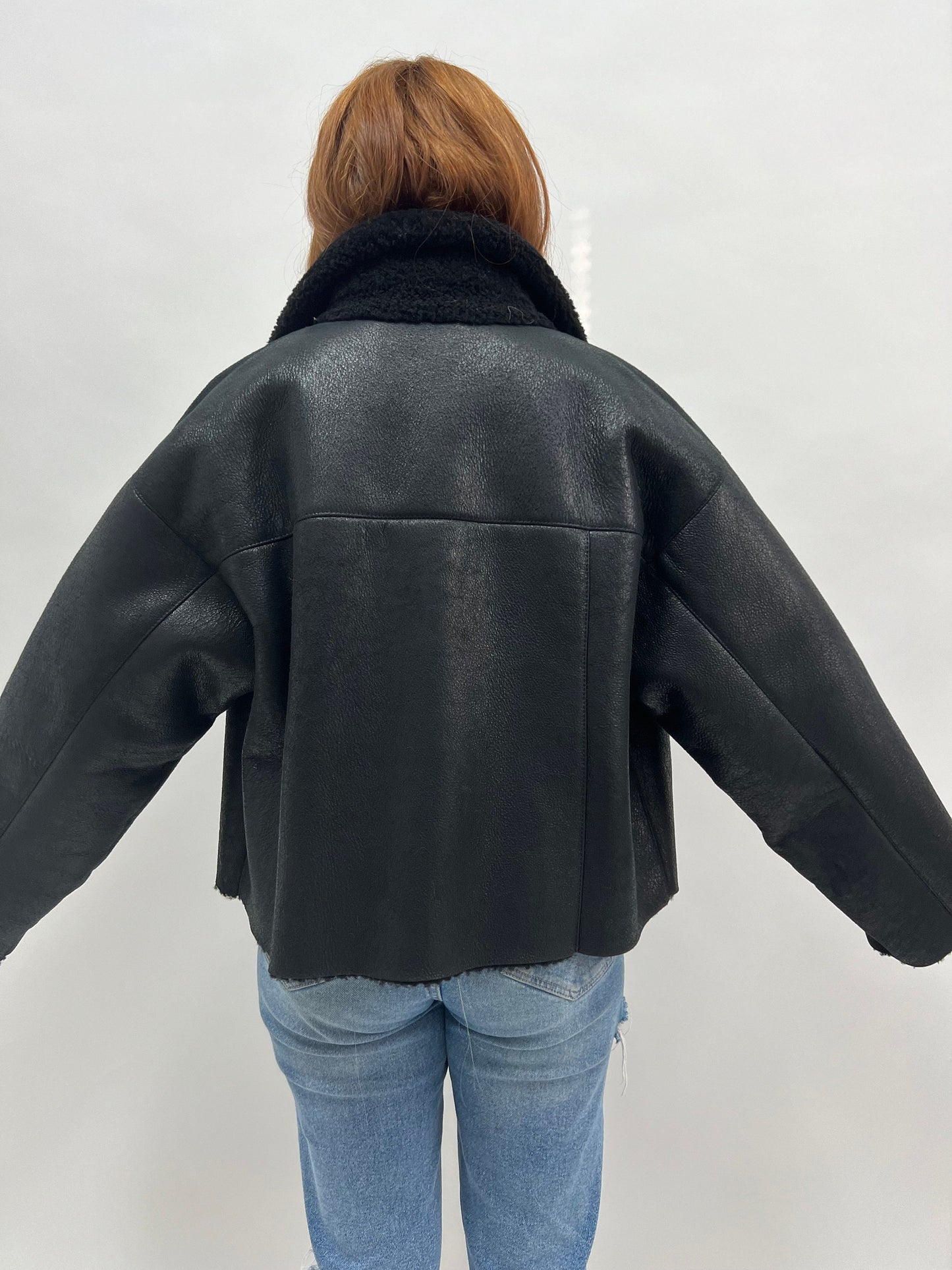 Handmade Black Shearling Fur Jacket: Cracked Leather Sheepskin Coat