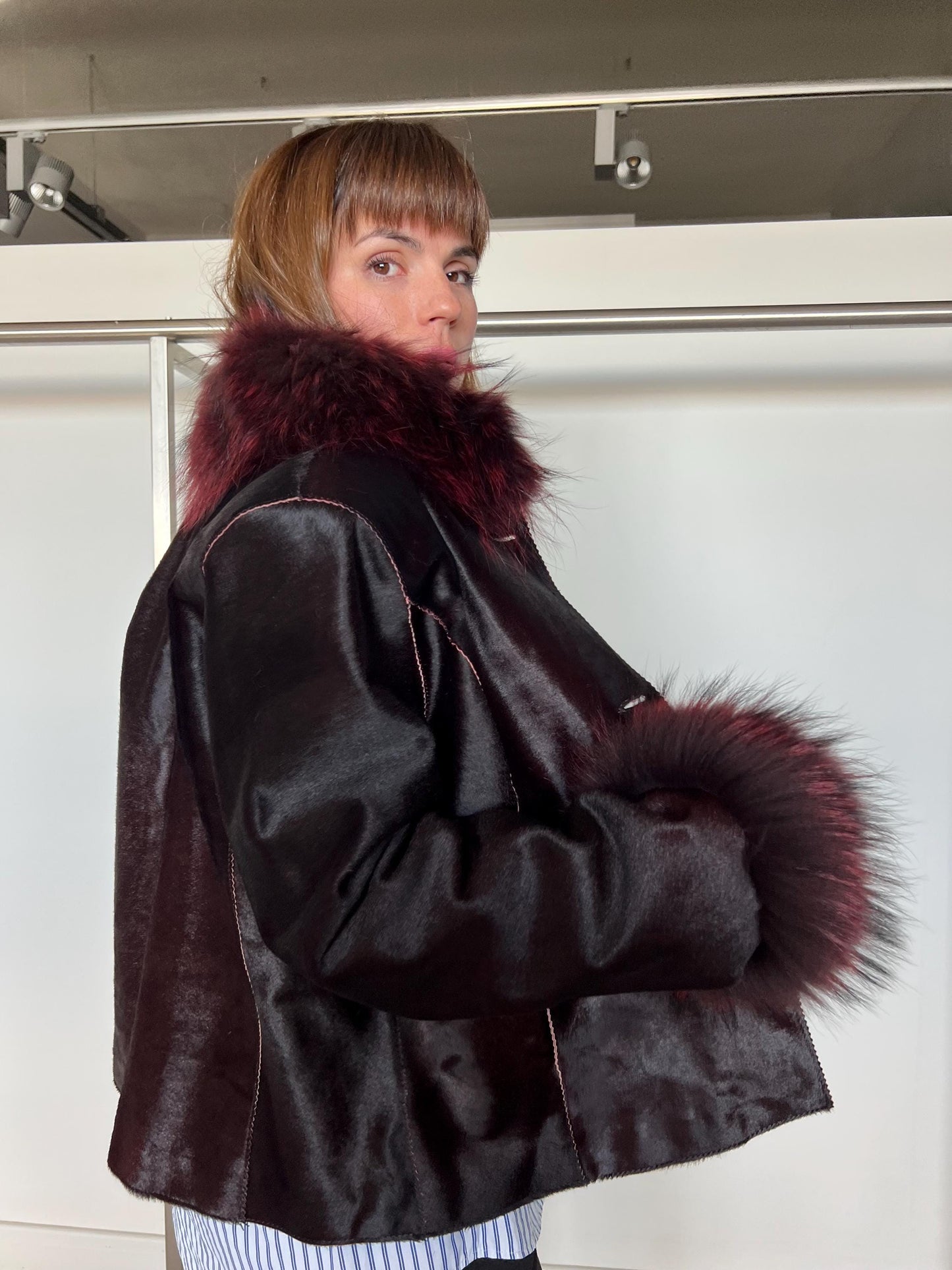 Hair-On Calf Hide Jacket: Burgundy Leather with Raccoon Fur - X-Large