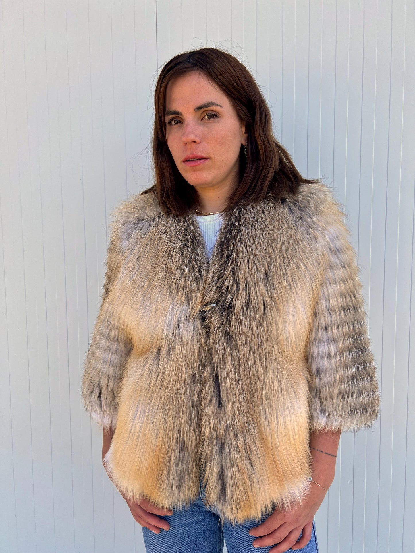 Handmade Camel Fox Fur Jacket: Lightweight Fluffy Coat