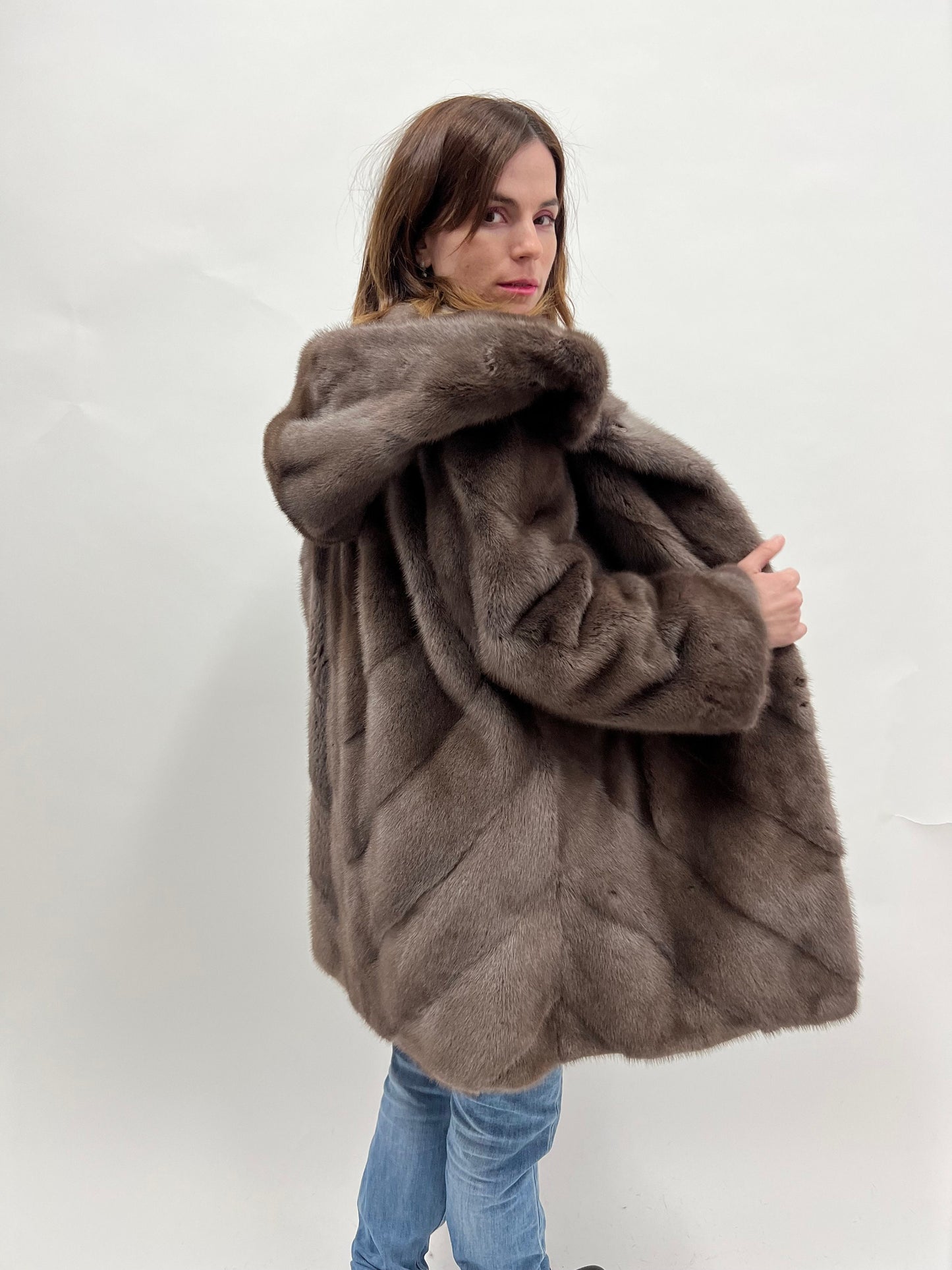 Cloud Mink Fur Hooded Coat: Warm Grey Diagonal Jacket