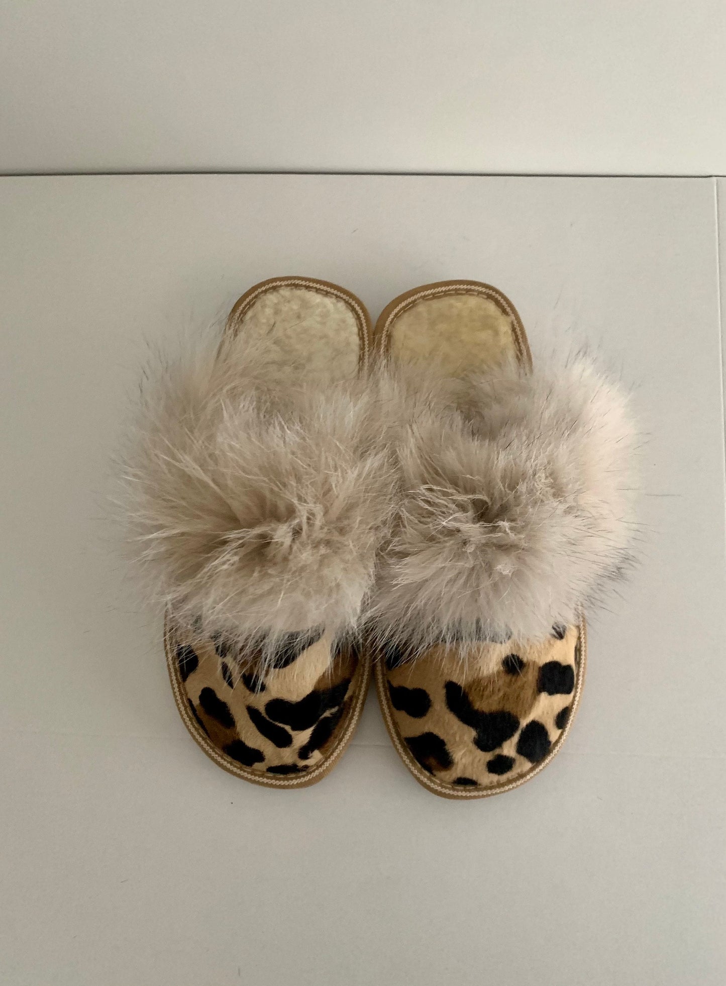 Genuine shearling slippers for women cowhide fur print with fox fur trim,  with foam sole fur slippers. Lightweight mouton fur.
