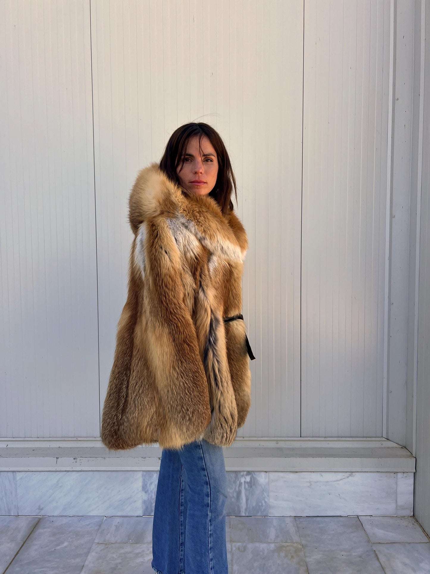 Red Fox Fur Cape with Hood: Handmade Leather Belt Closure