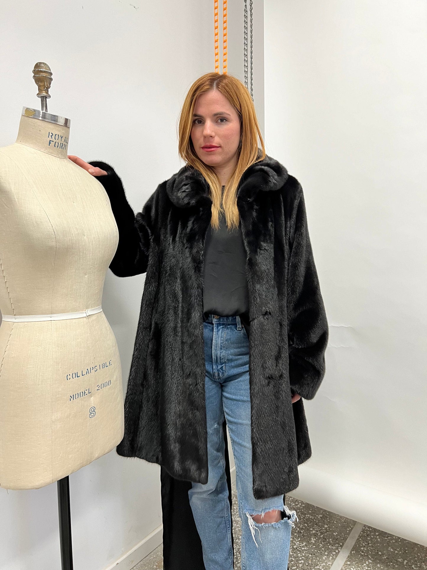 Black Saga Mink Fur Coat, Luxury Texture, Hooks Closure