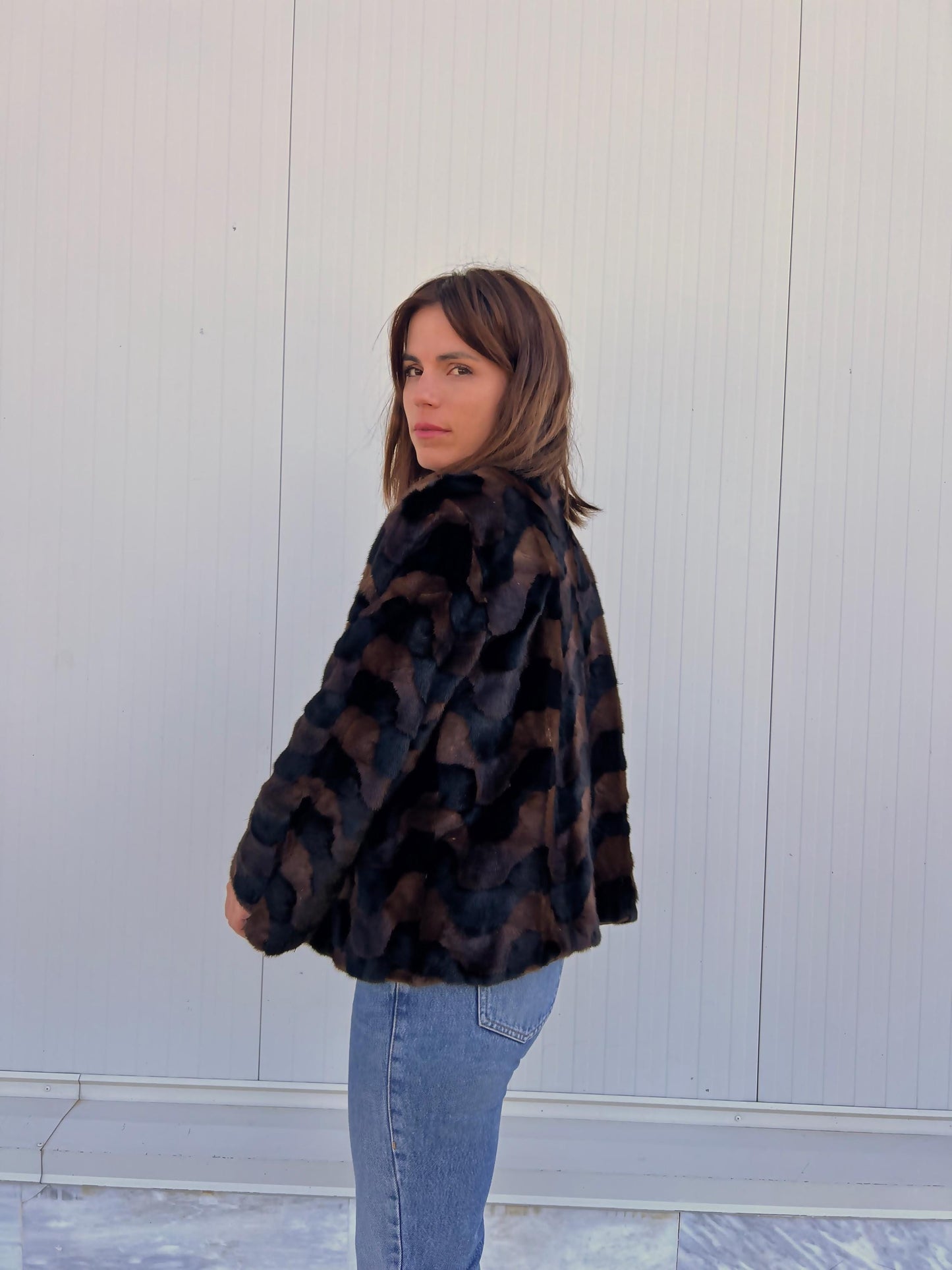 Sheared Mink Fur Jacket: Brown & Black Intarsia Design, Hagen Closure