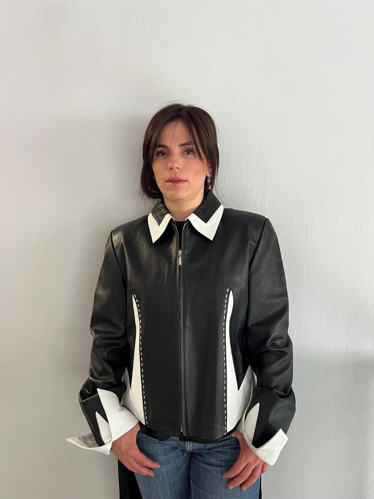 Handmade Lambskin buttery Leather Jacket: Black & White Nappa, Medium
